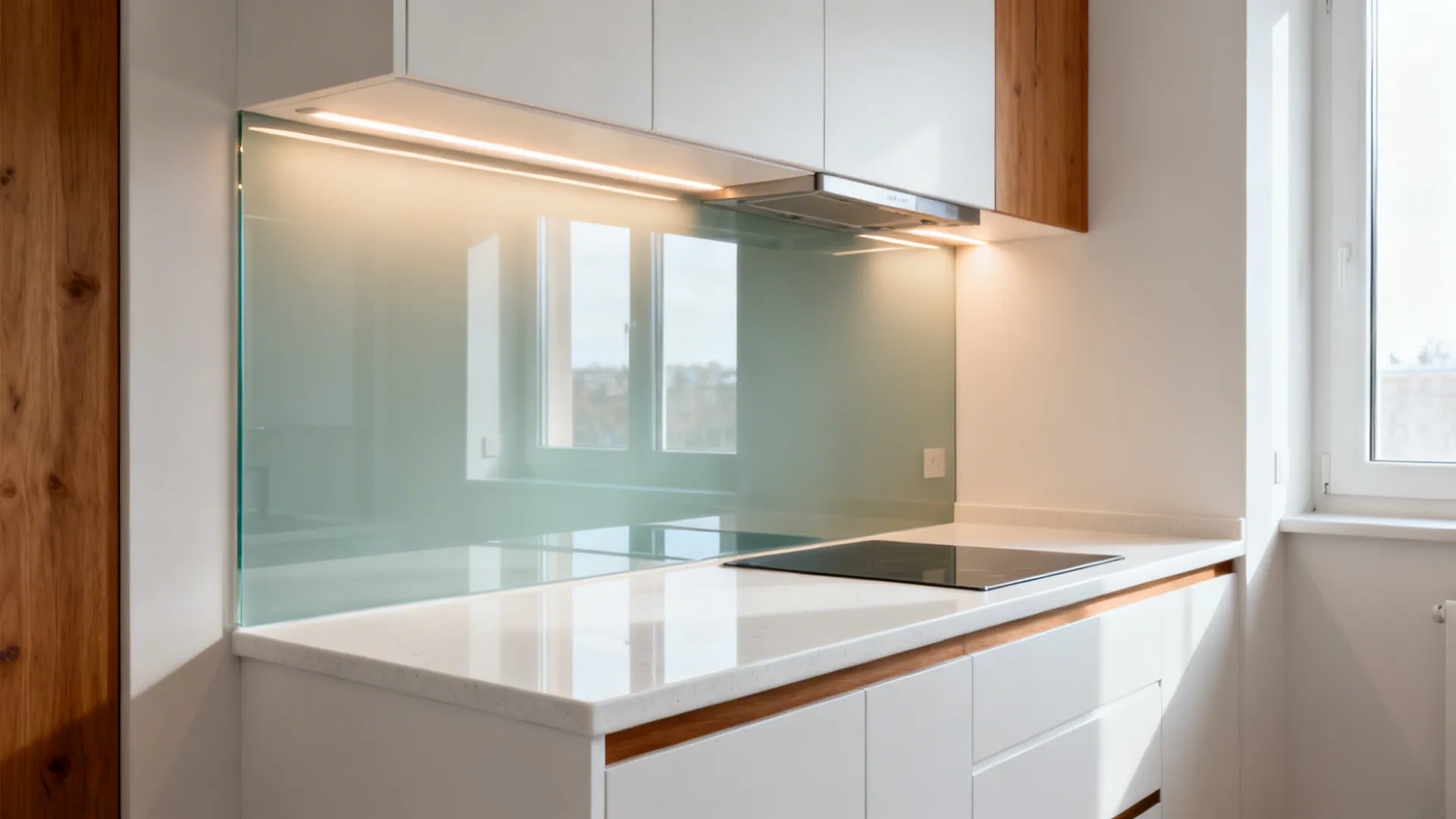 Small modern kitchen with a glossy glass backsplash reflecting soft light above a white counter.