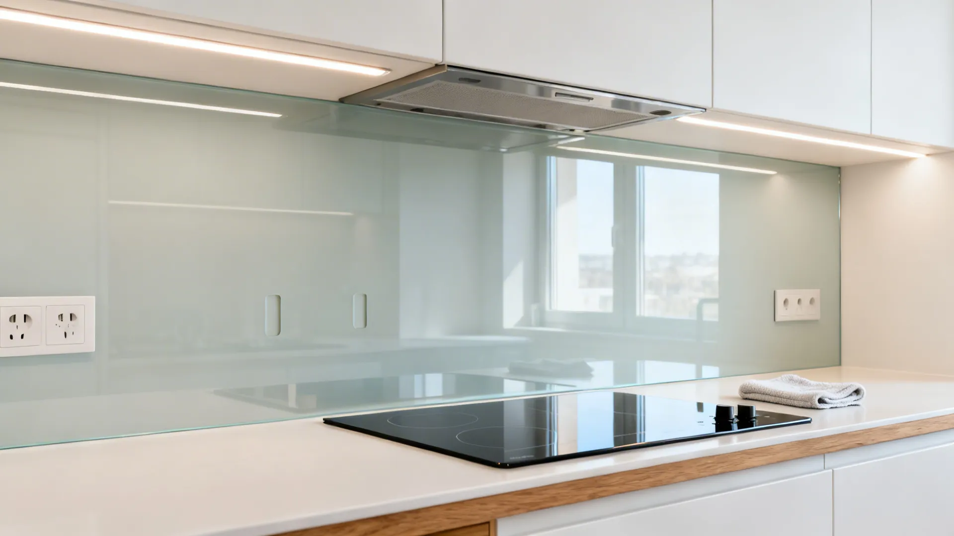 Back-painted glass backsplash behind a range reflecting soft light in a compact kitchen.
