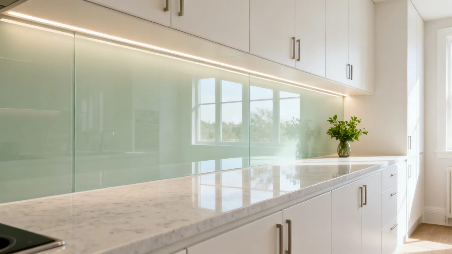 Small kitchen with a pale sage back-painted glass backsplash reflecting soft daylight.