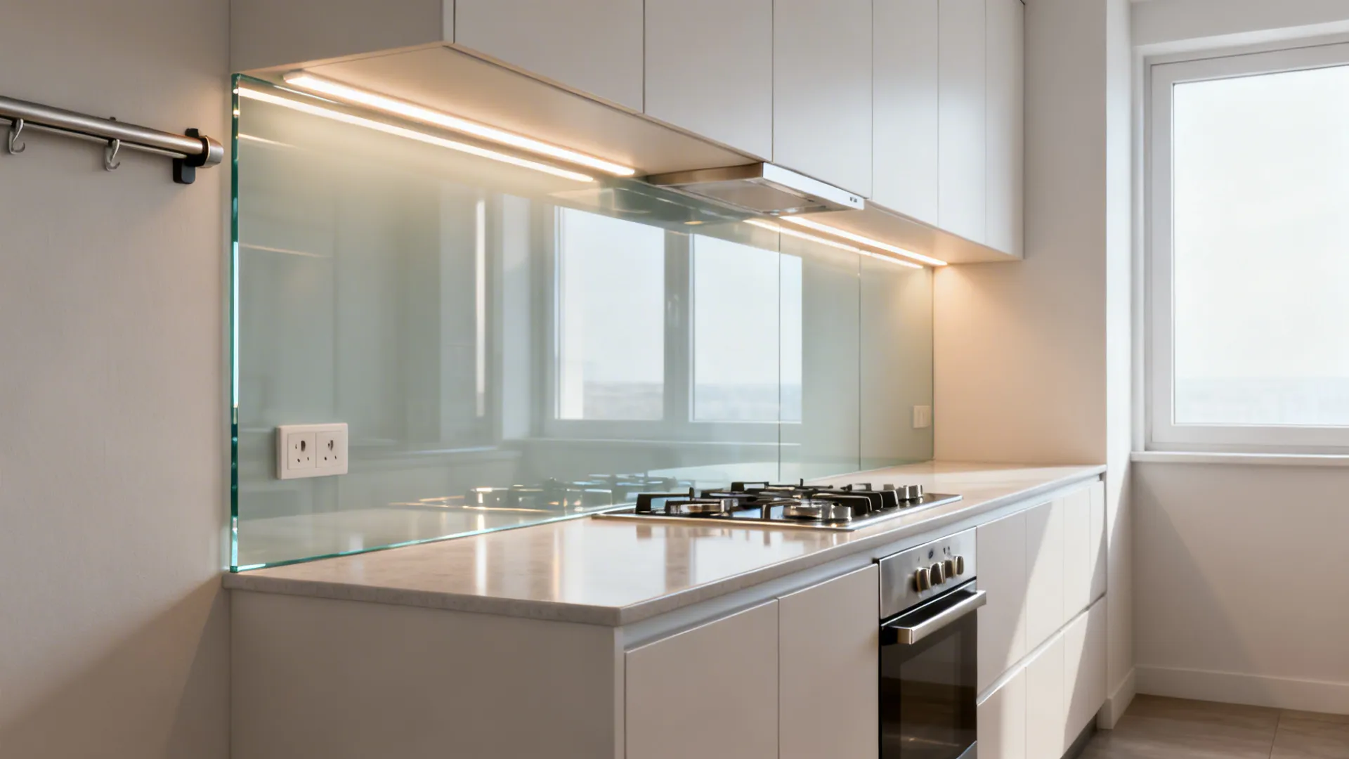 Narrow galley with clear tempered glass backsplash reflecting under-cabinet LEDs.