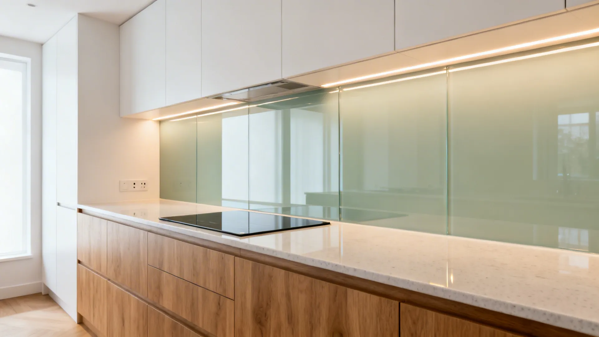 Glass backsplash for light and easy cleaning