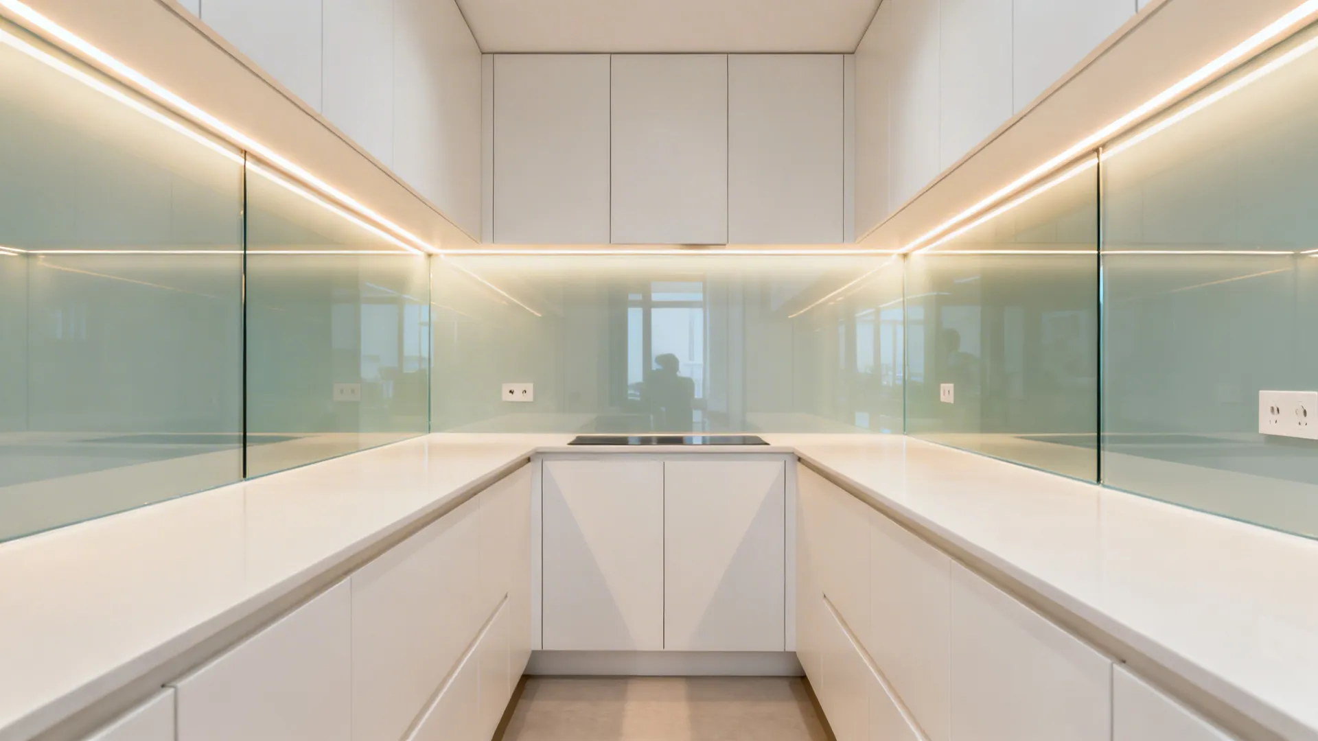 Small white galley kitchen with green glass wall panels bright strip lighting and clean surfaces