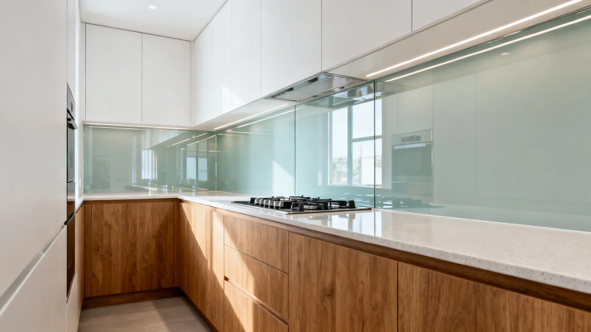 Modern kitchen with wooden lower cabinets white upper cabinets light blue glass wall panel and stove