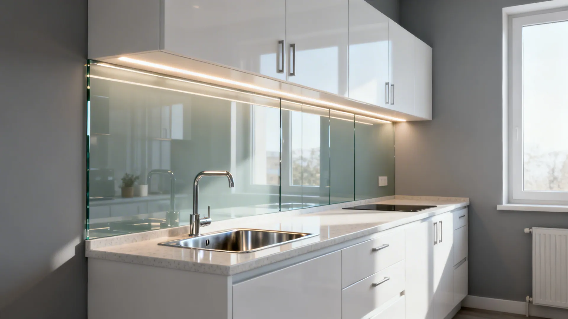 Glass backsplash for brighter, deeper sightlines