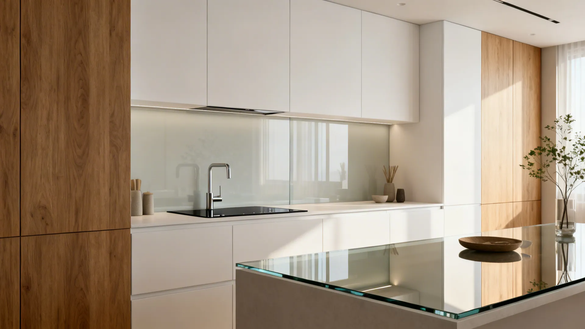 Seamless glass backsplash behind an induction cooktop reflecting soft daylight in a small kitchen.