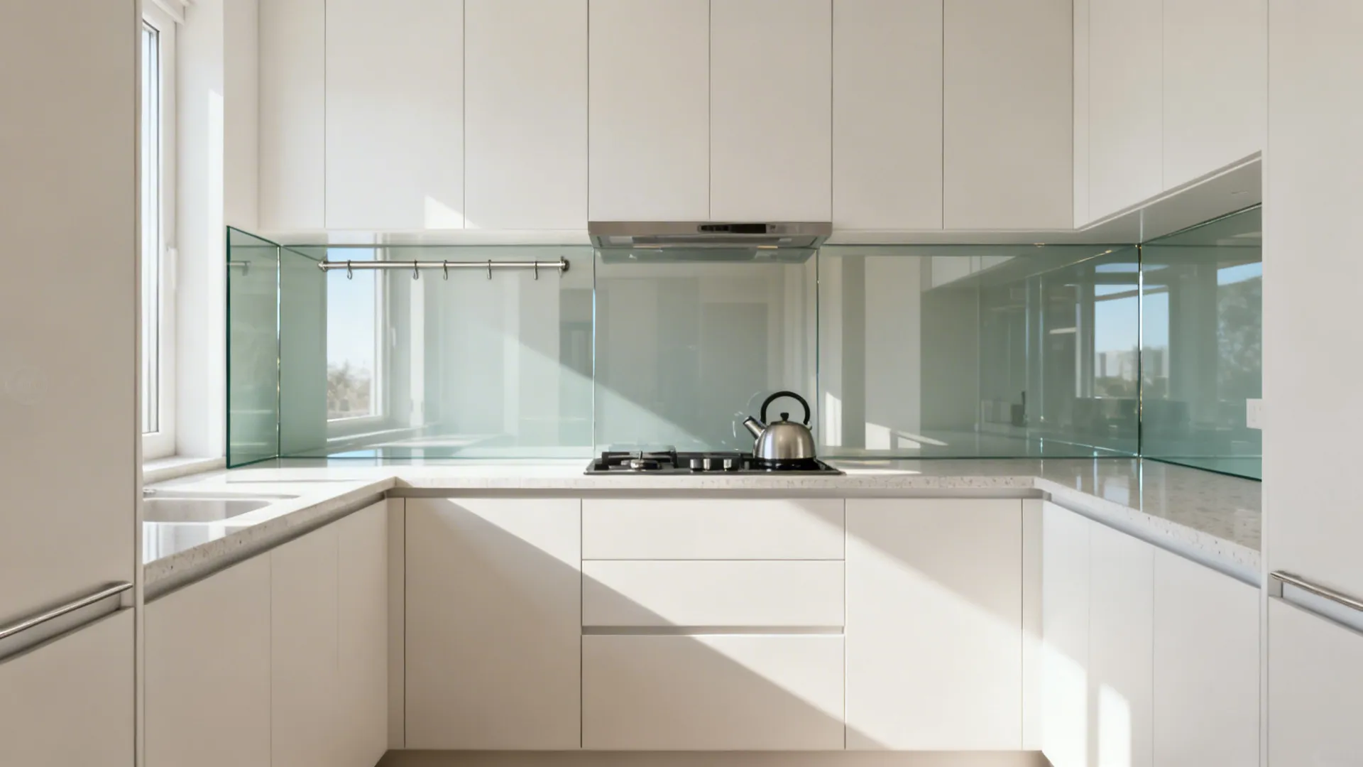 Small galley kitchen with low-iron tempered glass backsplash reflecting natural light.