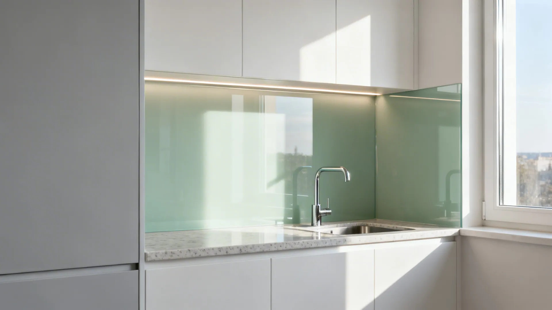 Kitchen sink area with light green glass backsplash white cabinets marble countertop and bright natural light