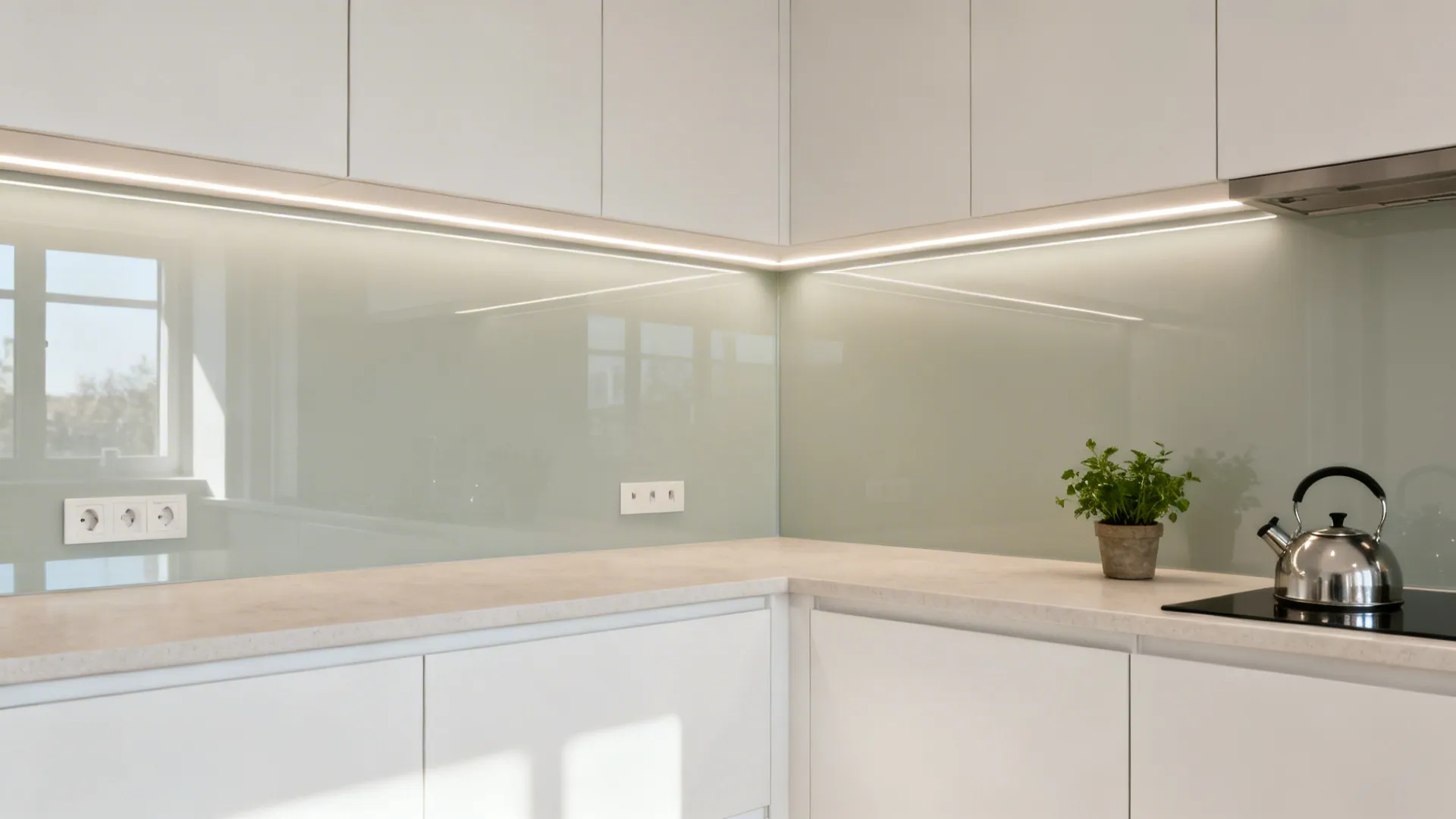 Full-height back-painted glass backsplash reflecting light in a 6x6 kitchen.