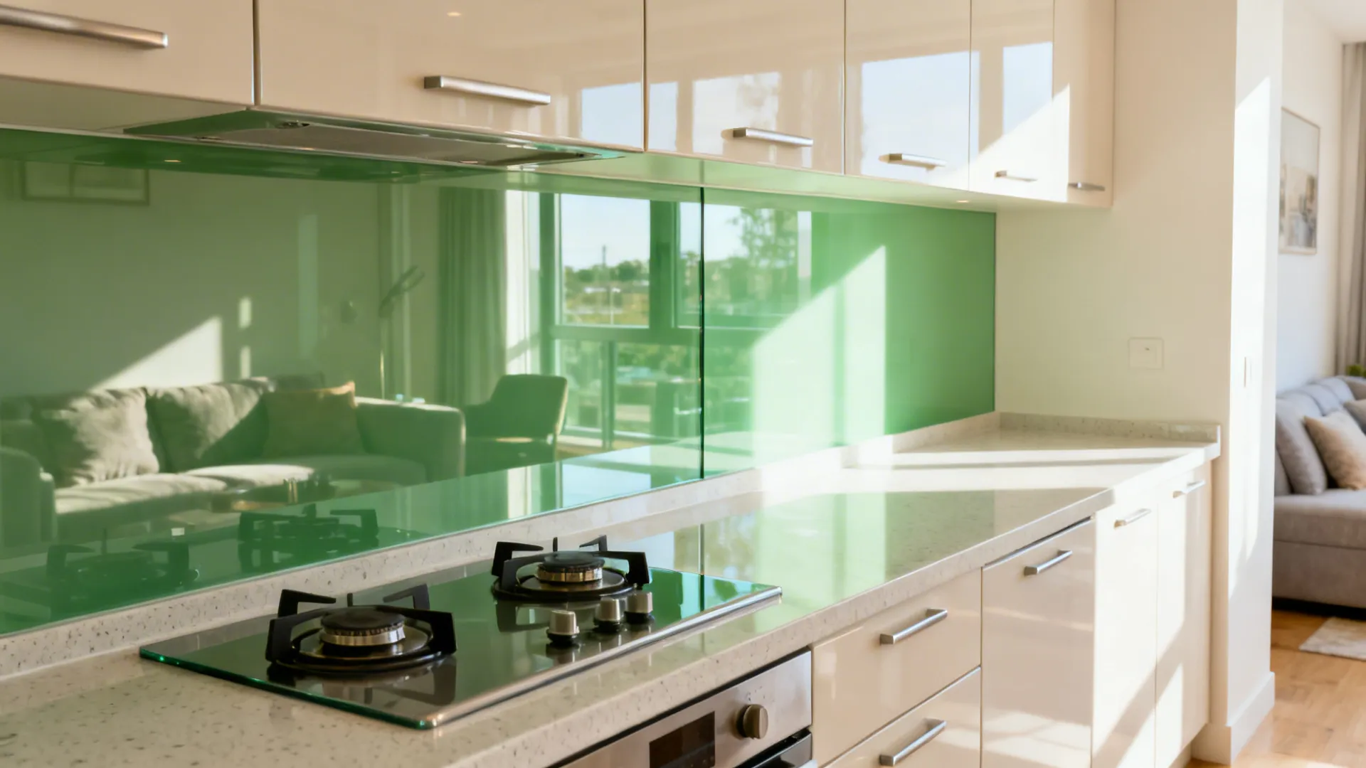 Low-iron glass backsplash behind a compact cooktop reflecting daylight in a modern studio kitchen.