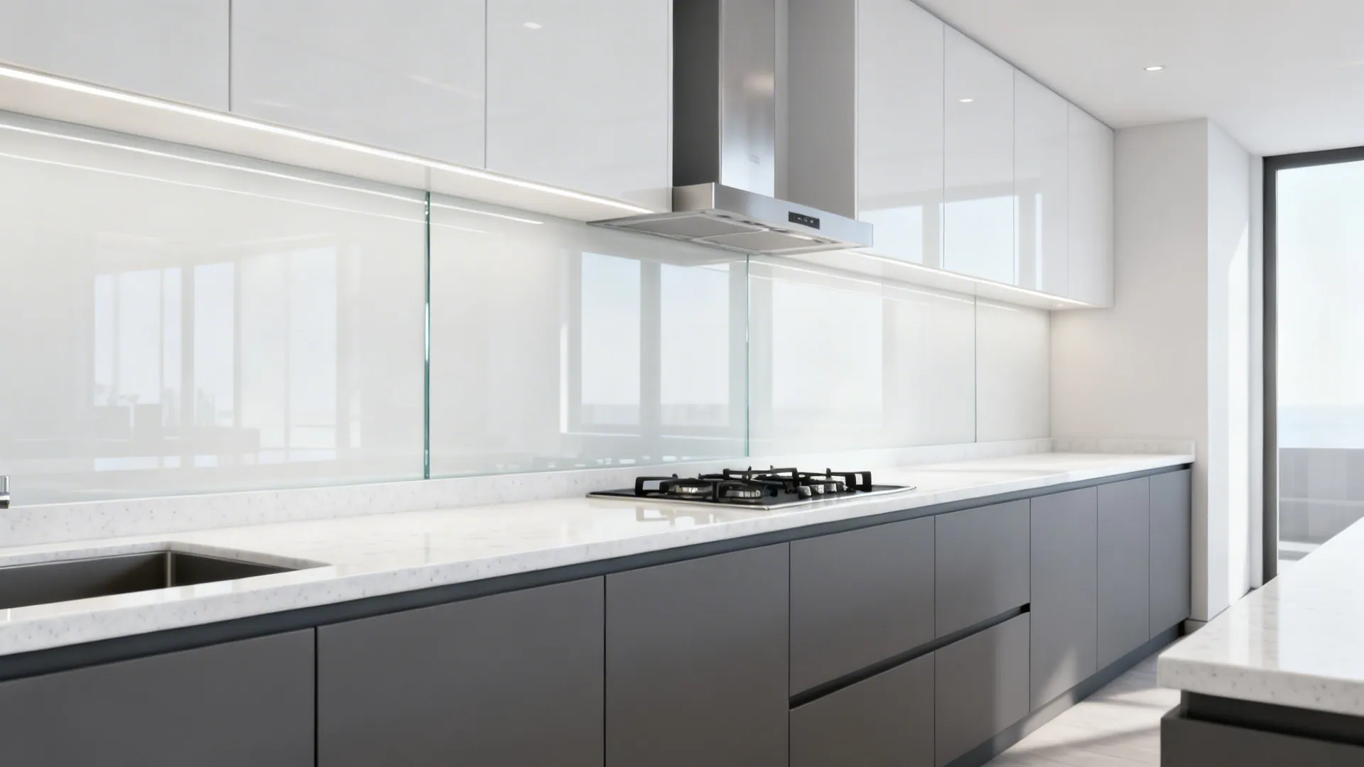 Modern kitchen with white glass backsplash white cabinets dark grey drawers and stainless steel hood