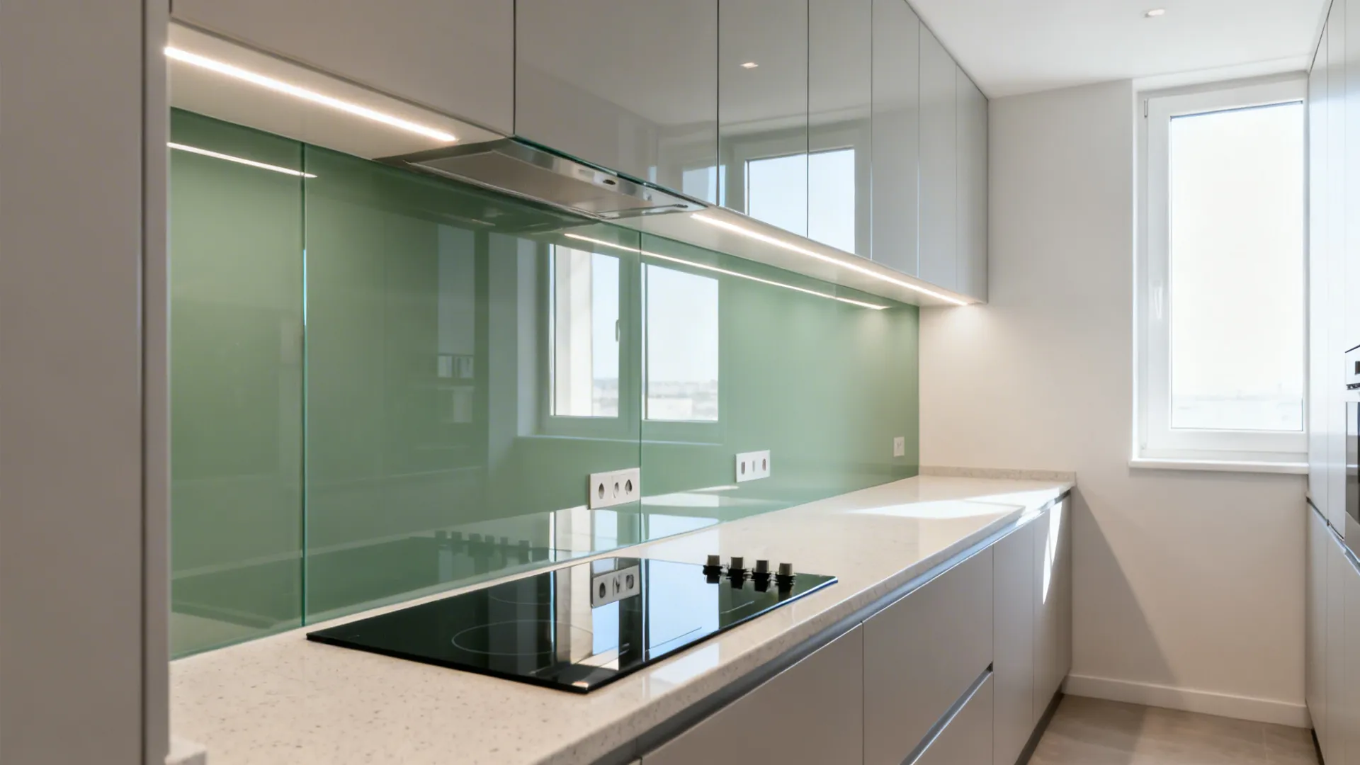 Gray-green back-painted glass backsplash reflecting light in a narrow galley kitchen.
