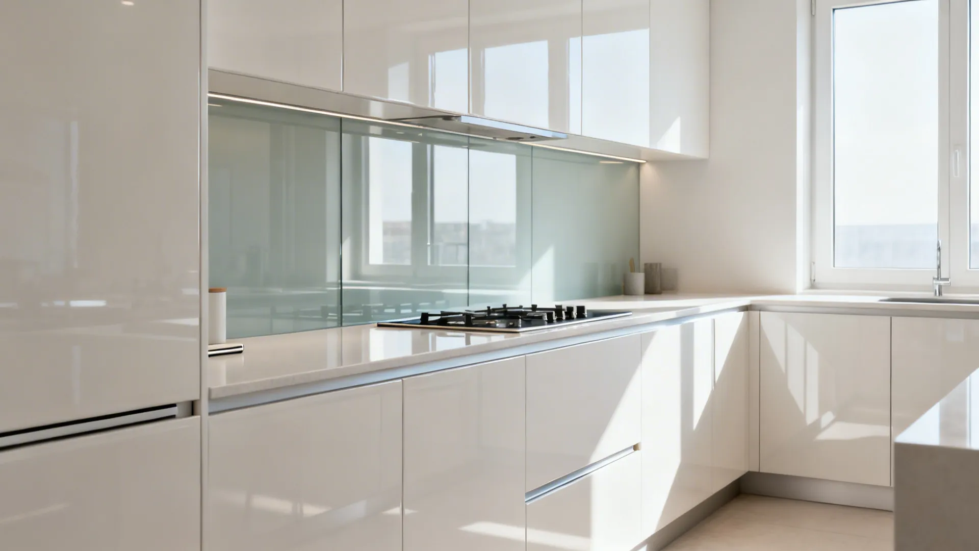 Small kitchen with glossy fronts and a tempered glass backsplash reflecting light.