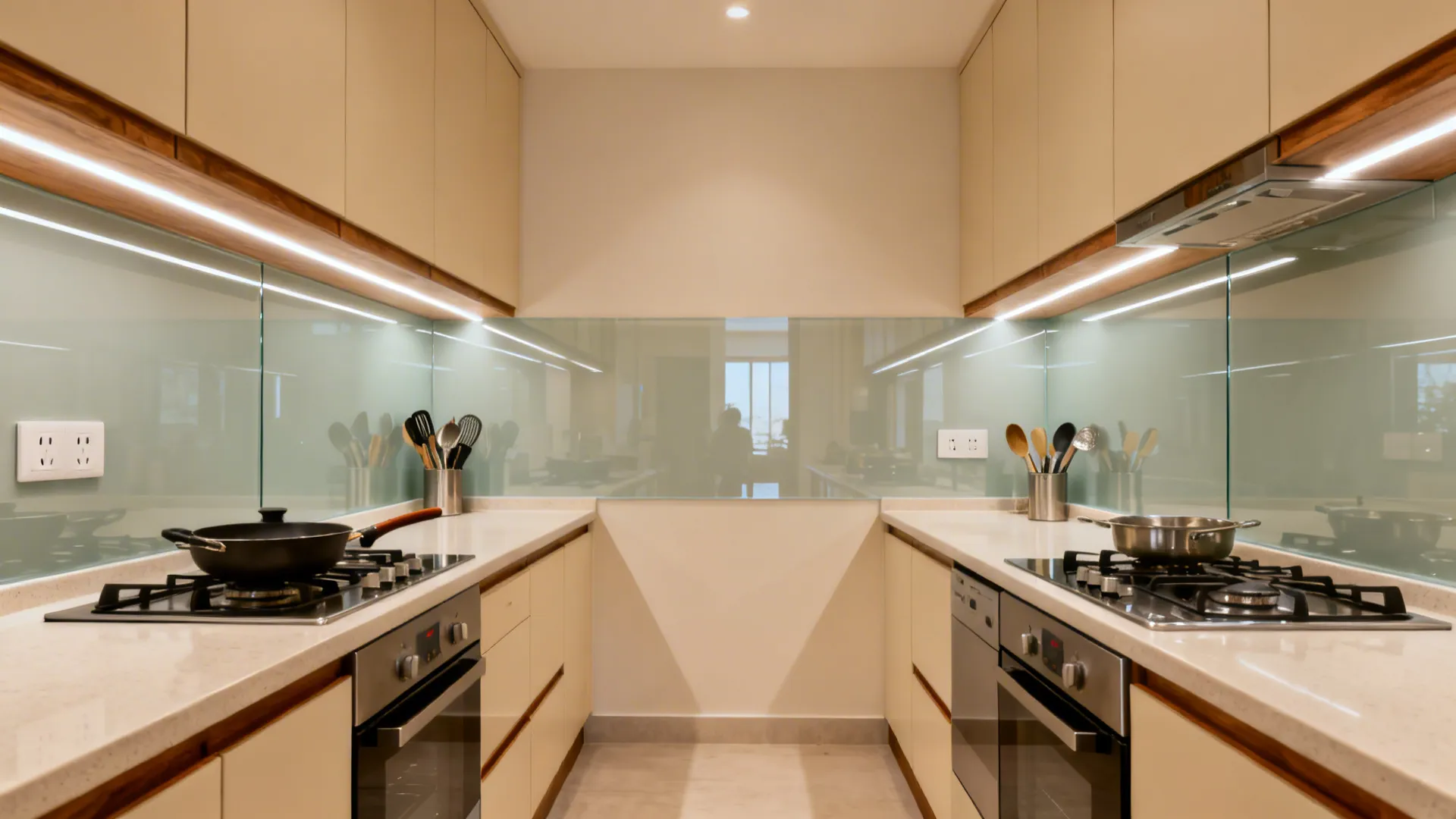 Parallel kitchen layout with light blue glass wall panels and white stone countertops under lights