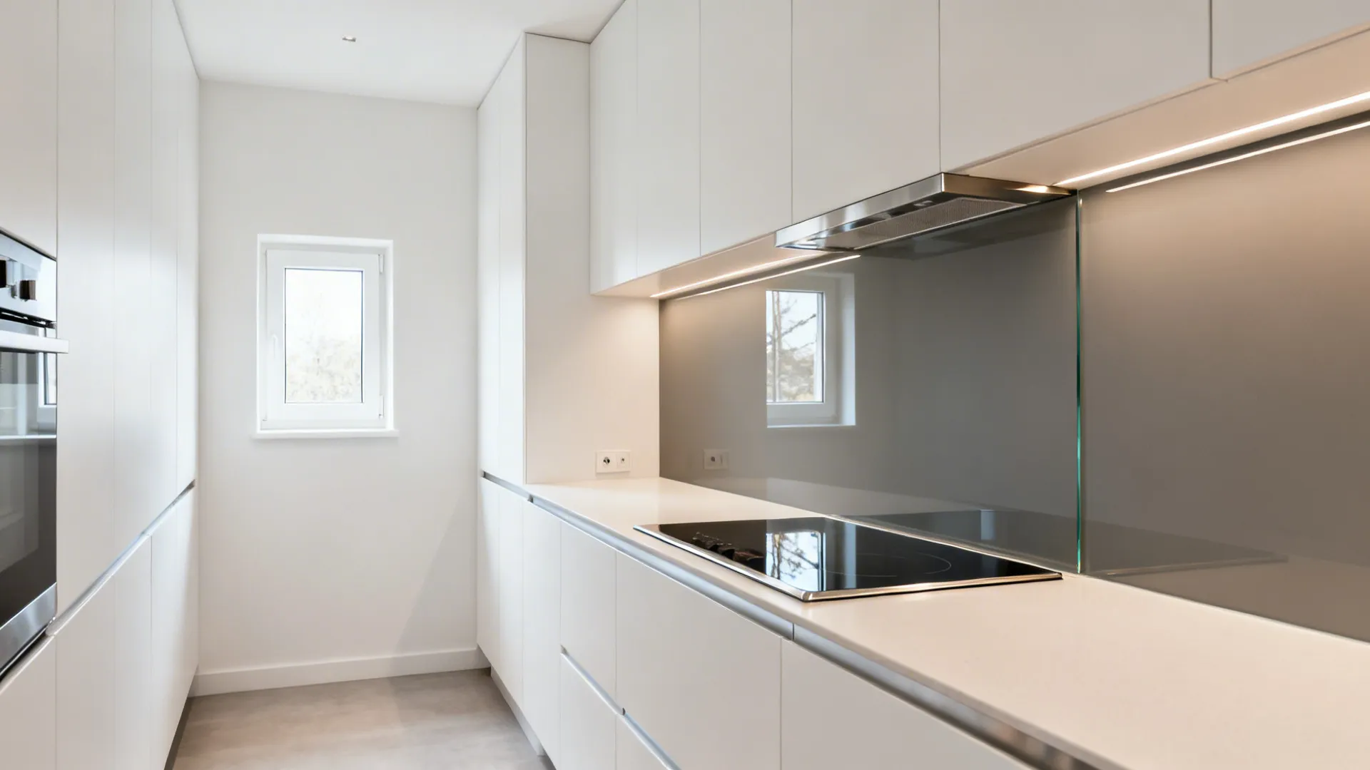 Small kitchen with a reflective low-iron glass backsplash behind an induction cooktop.