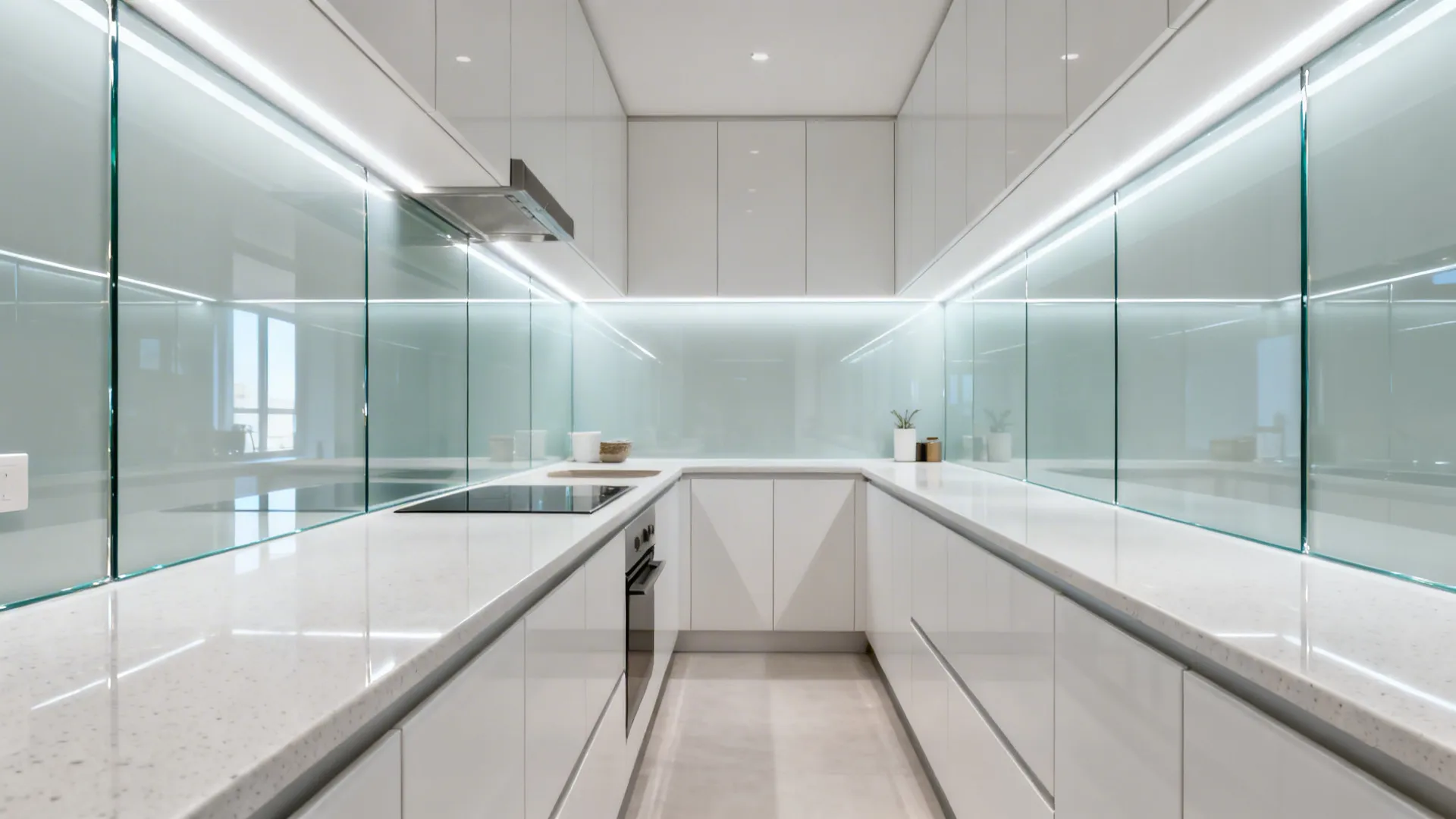 Low-iron back-painted glass backsplash reflects light in a narrow kitchen.