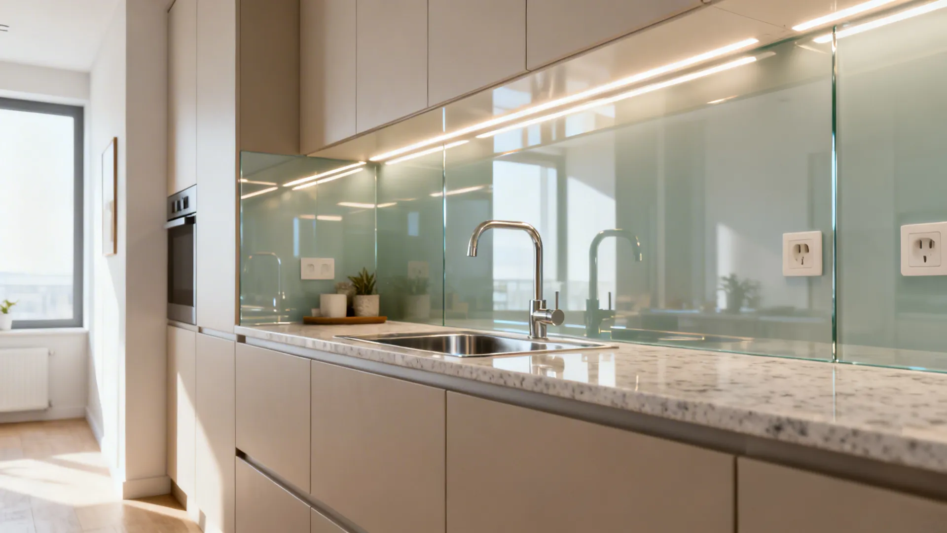 Small galley kitchen with low-iron back-painted glass backsplash reflecting under-cabinet LEDs.