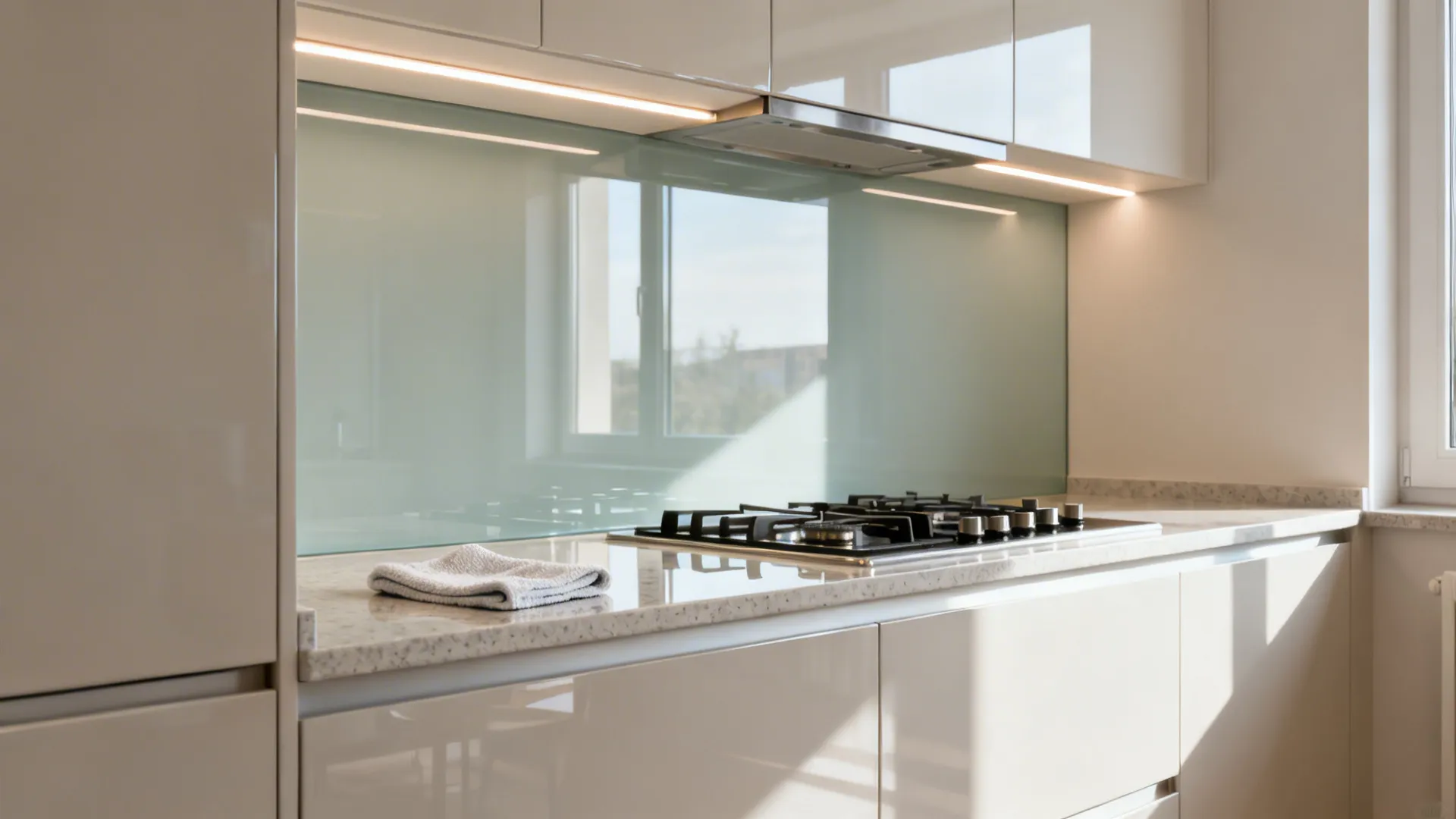 Single-panel tempered glass kitchen backsplash reflecting soft light above a quartz countertop.