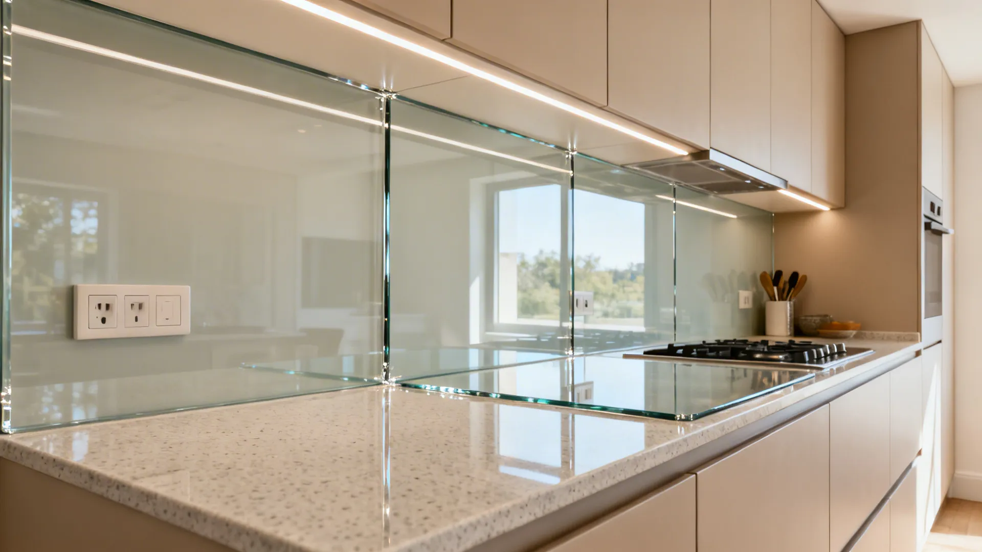 Compact kitchen with low-iron glass backsplash reflecting soft light and flush outlets.