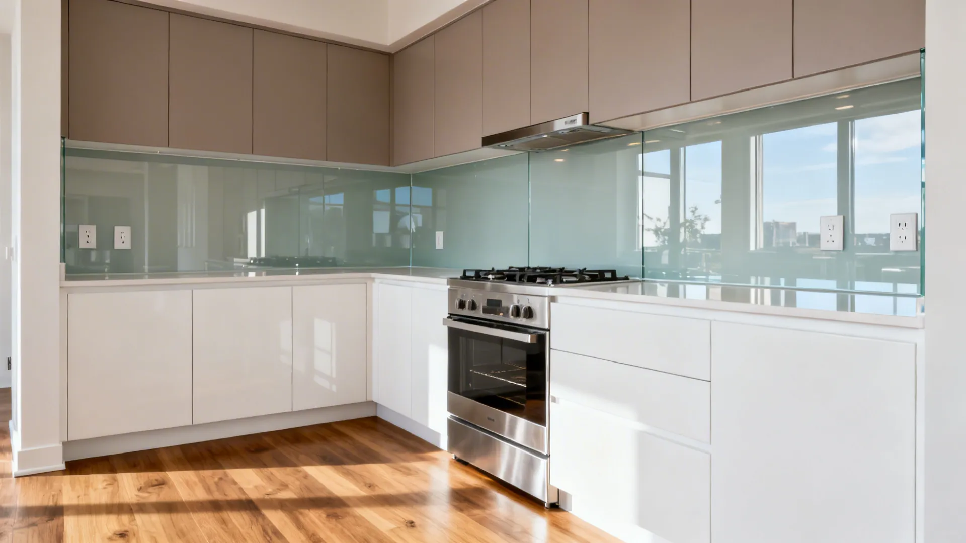 Seamless low-iron back-painted glass backsplash reflecting daylight in a compact kitchen.