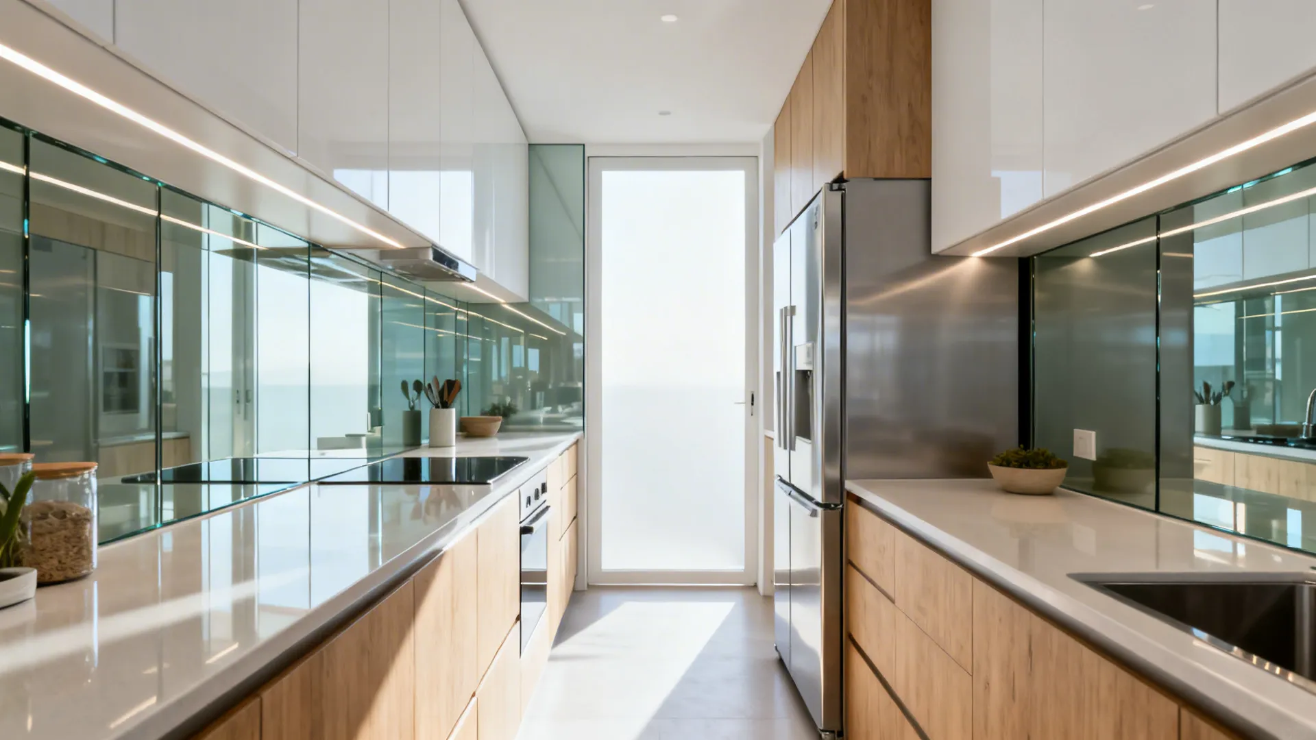 Compact U-shaped kitchen with a low-iron glass backsplash that brightens and extends sightlines.