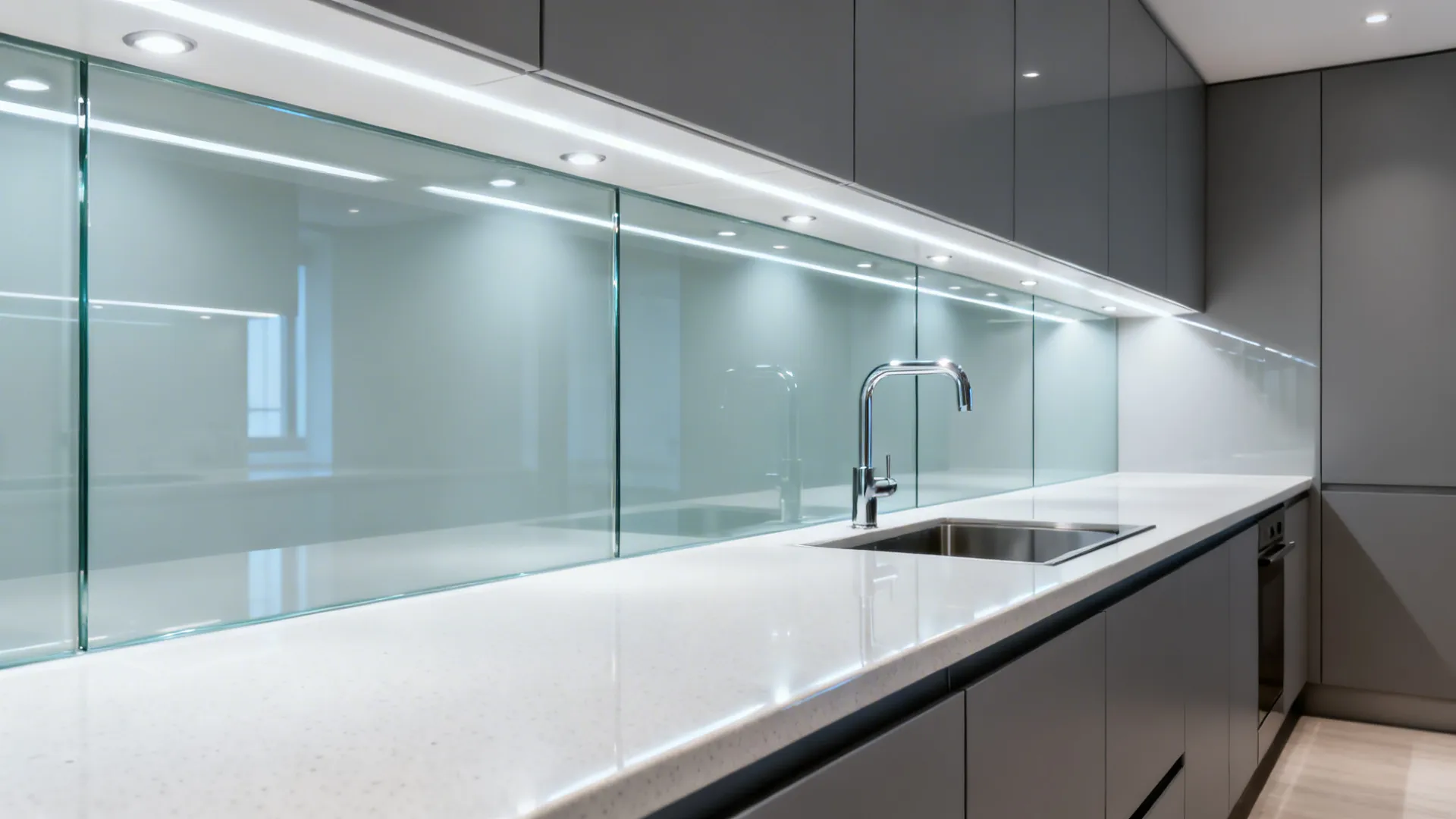 Windowless galley with low-iron glass backsplash reflecting task light for depth.