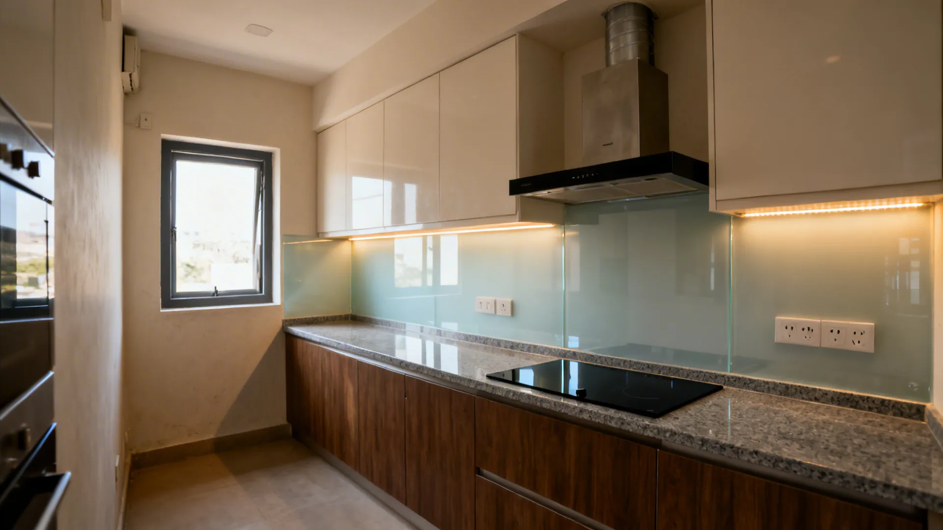 Narrow Kerala kitchen with frosted glass backsplash reflecting daylight and task lighting.