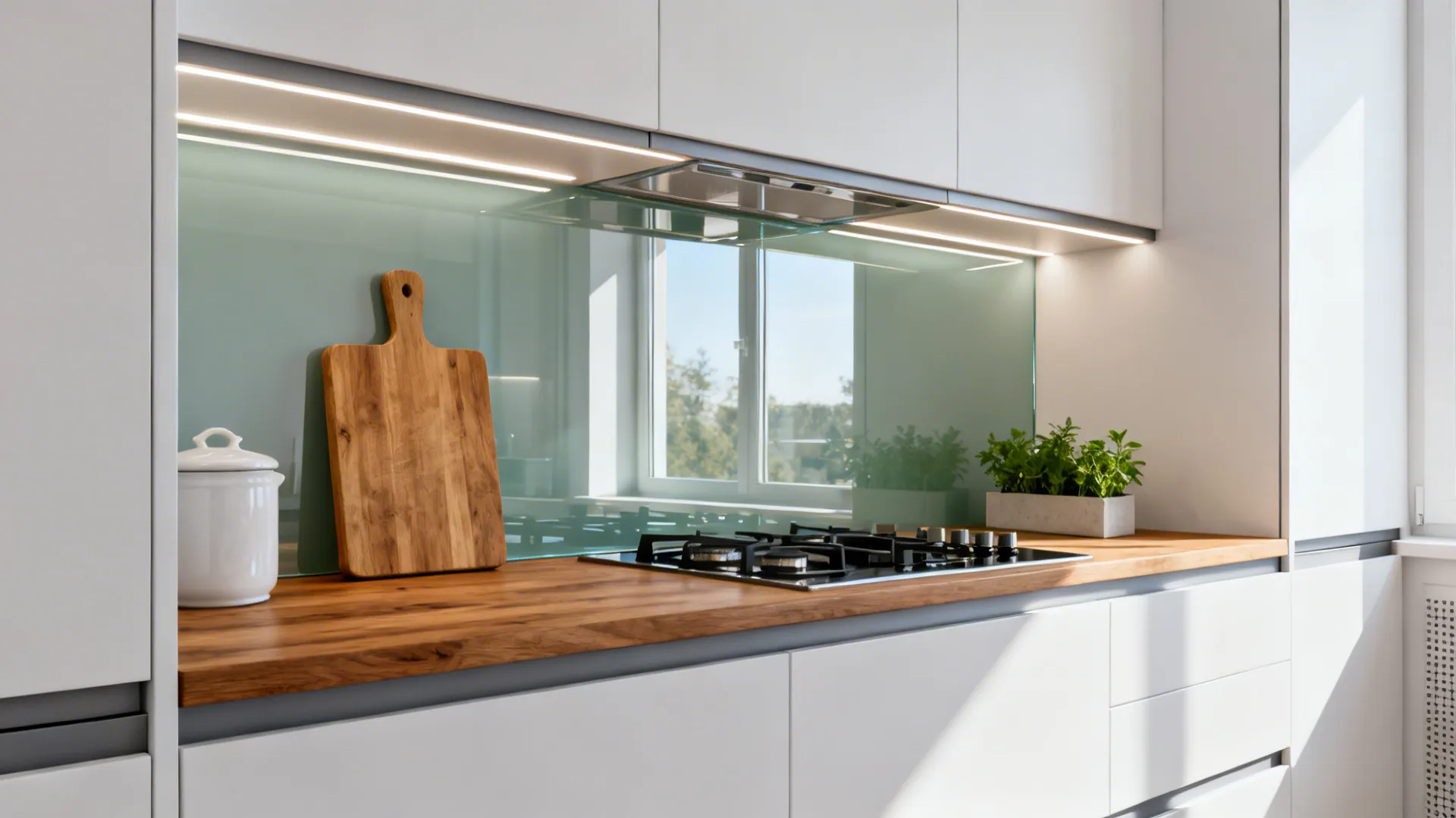 Modern kitchen with white cabinets wood countertop blue glass wall light under cabinet and stove