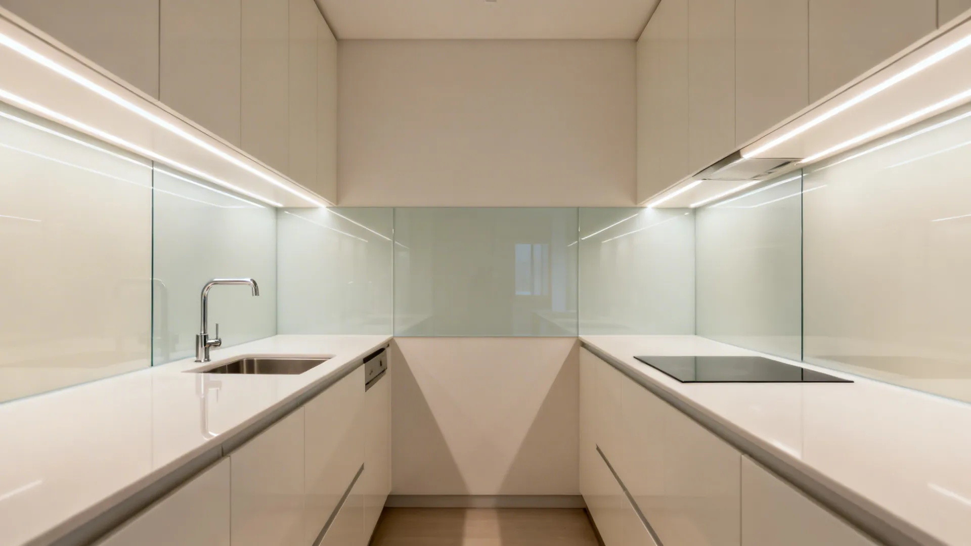 Small galley kitchen with a glossy tempered glass backsplash reflecting warm LED lighting.