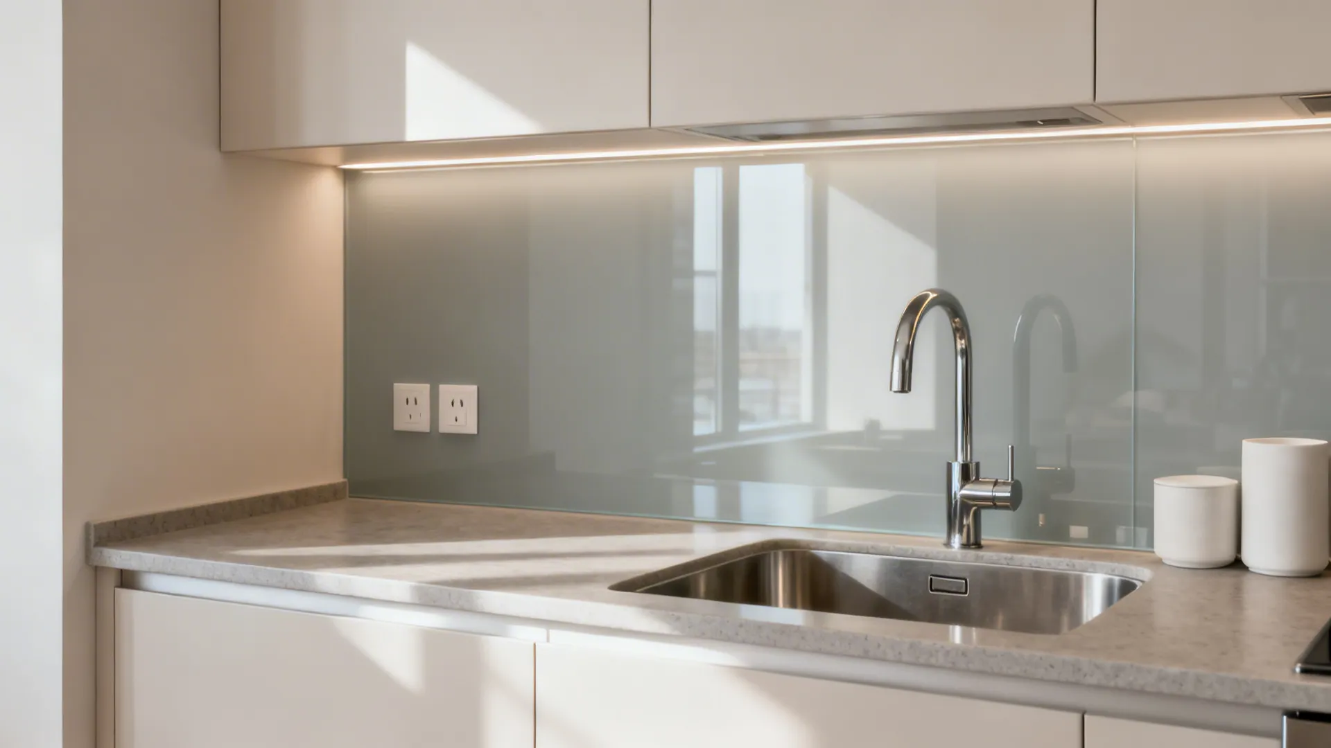 Compact kitchen with a light gray glass backsplash reflecting soft daylight and seamless surfaces.