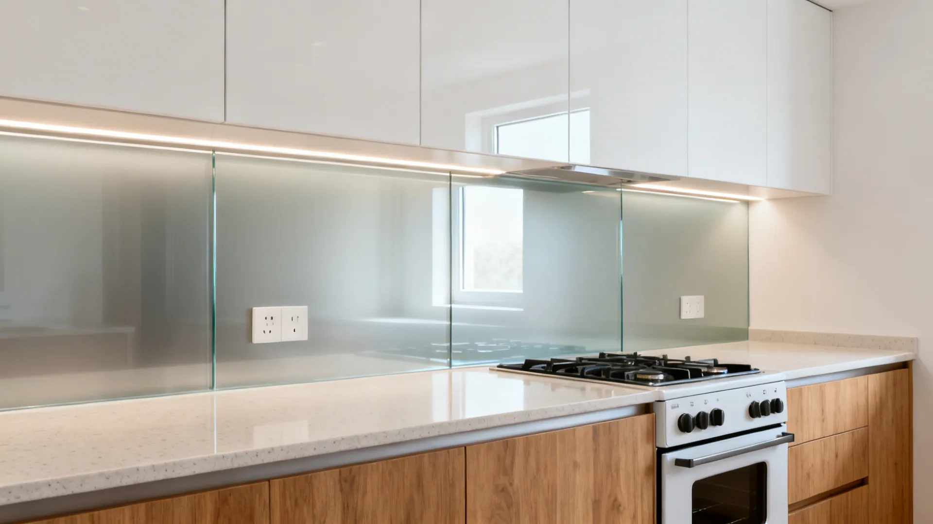Single-sheet satin glass backsplash reflecting soft daylight in a small kitchen.