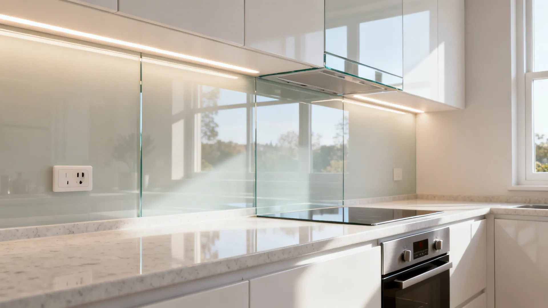 Kitchen with seamless low-iron glass backsplash reflecting layered lighting for a brighter feel.