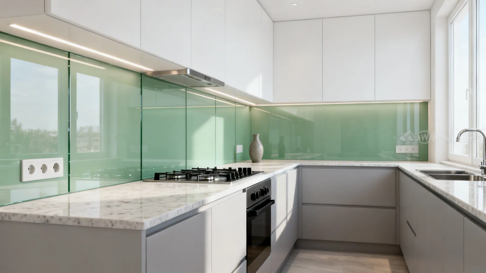 Glass backsplash for light and depth