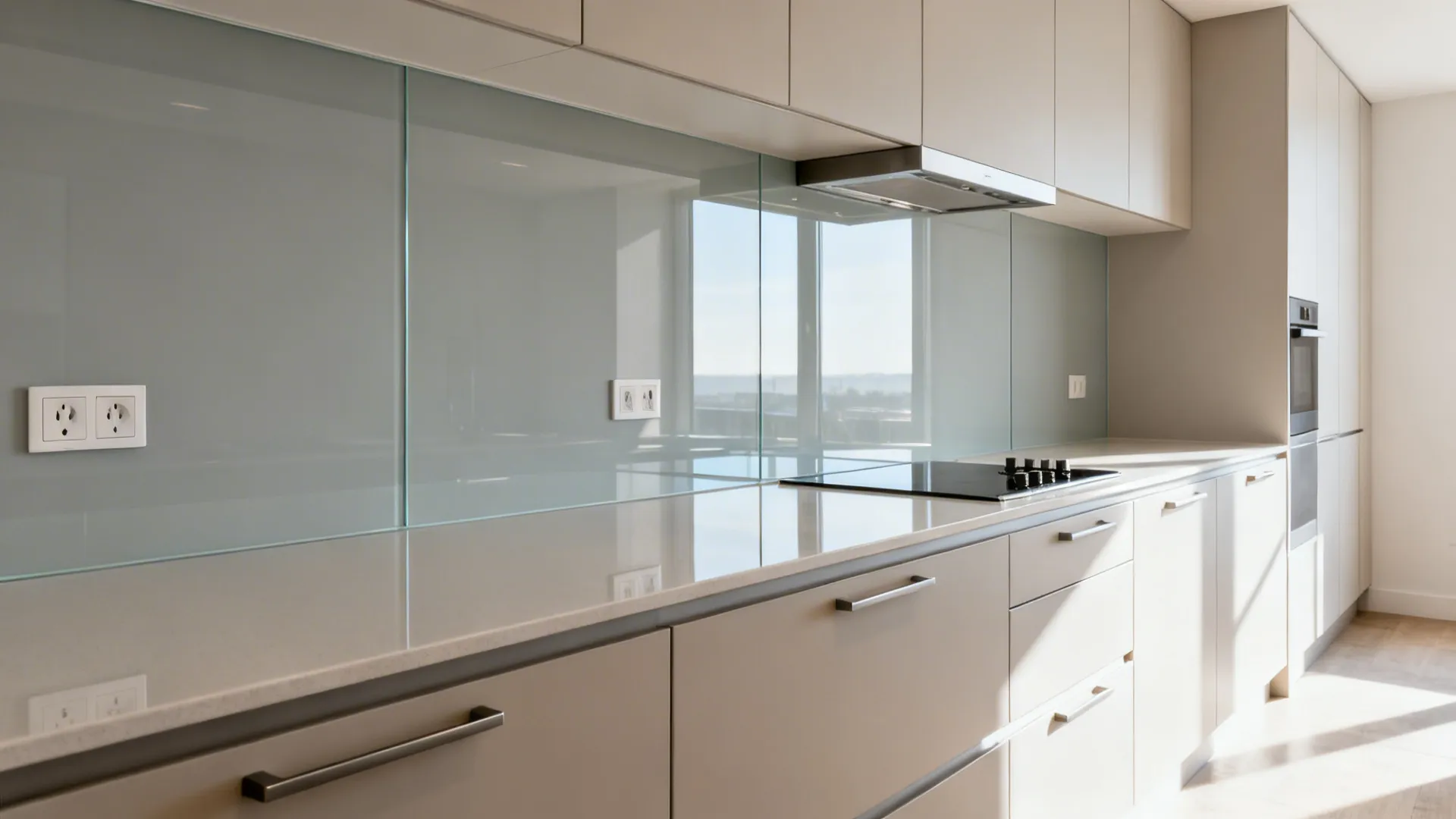 Modern kitchen with light grey cabinets a glass wall panel and built-in oven and stovetop