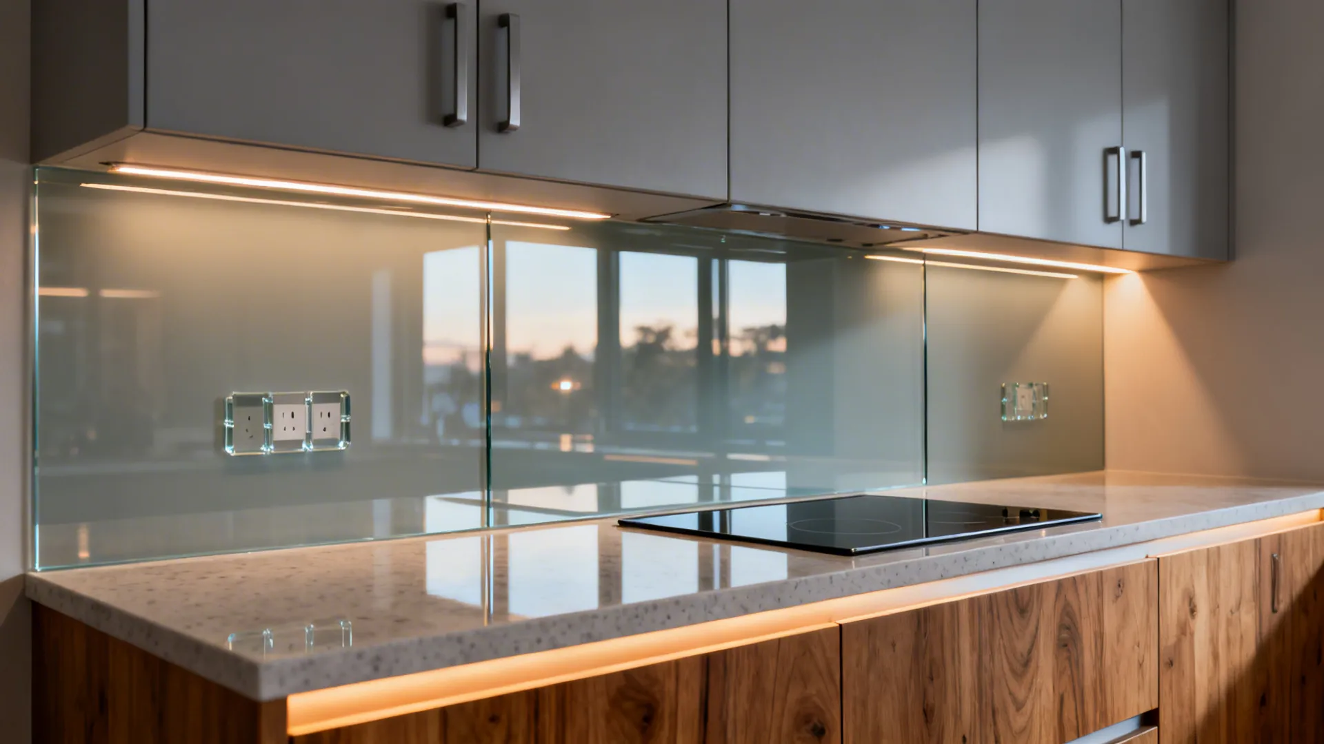 Back-painted glass backsplash reflecting warm task lighting in a compact kitchen.