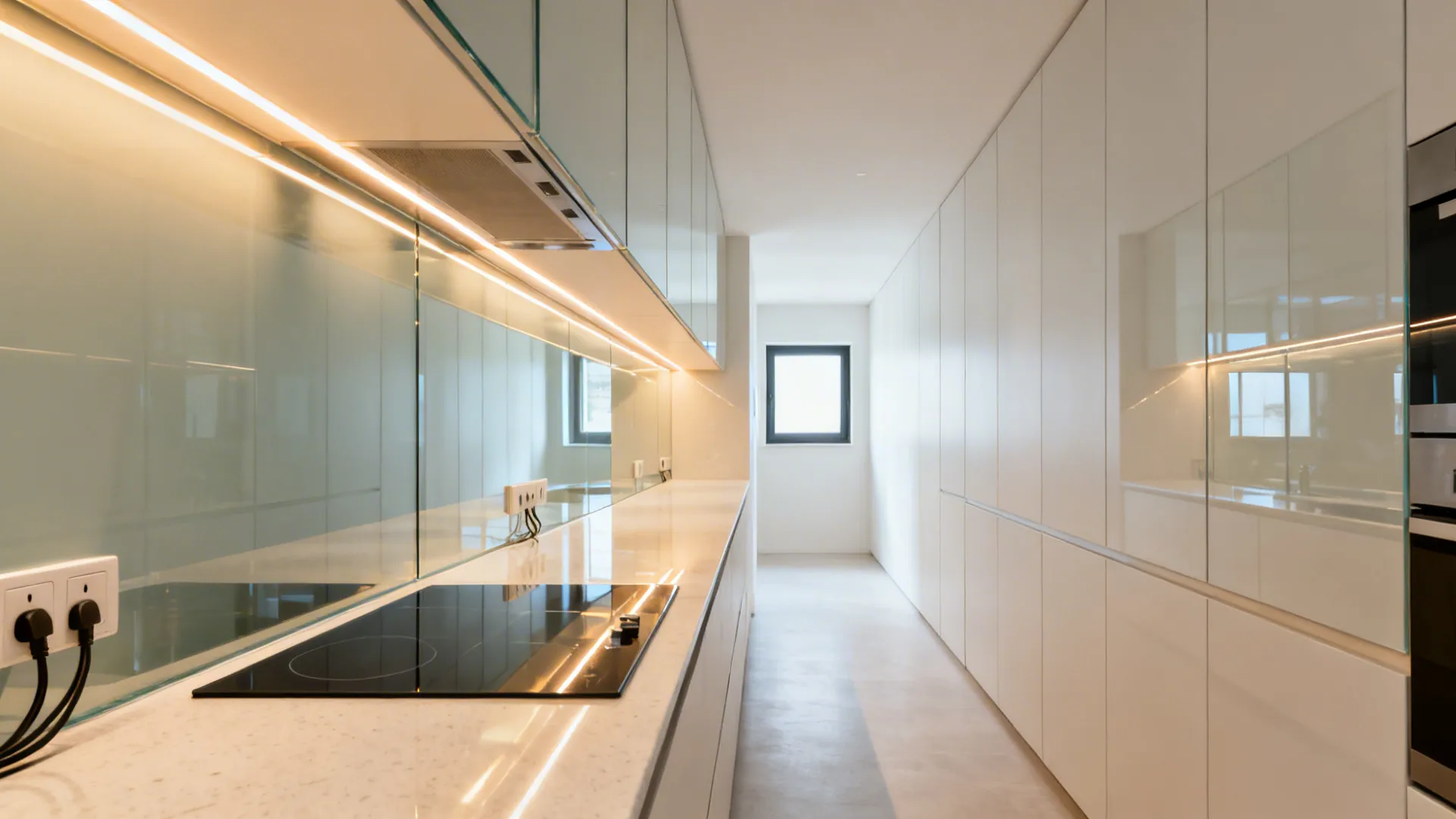 Long narrow kitchen with low-iron glass backsplash reflecting warm LEDs