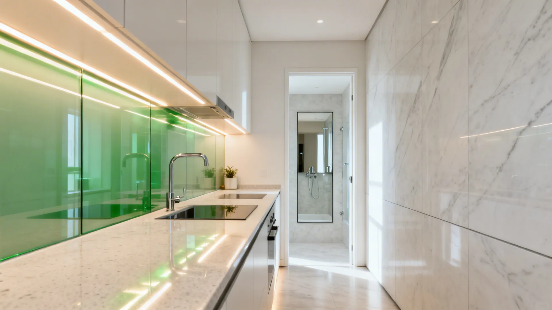 Narrow kitchen with low-iron glass backsplash and satin quartz reflecting warm LEDs.