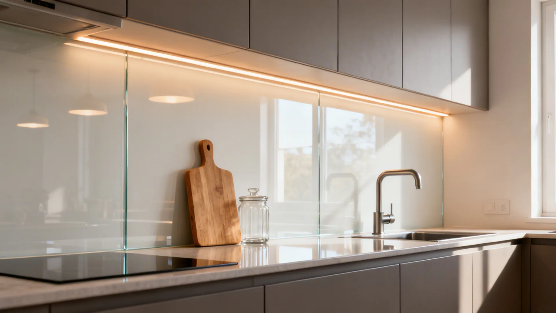 Seamless white-glass backsplash reflecting warm LED light in a compact kitchen.
