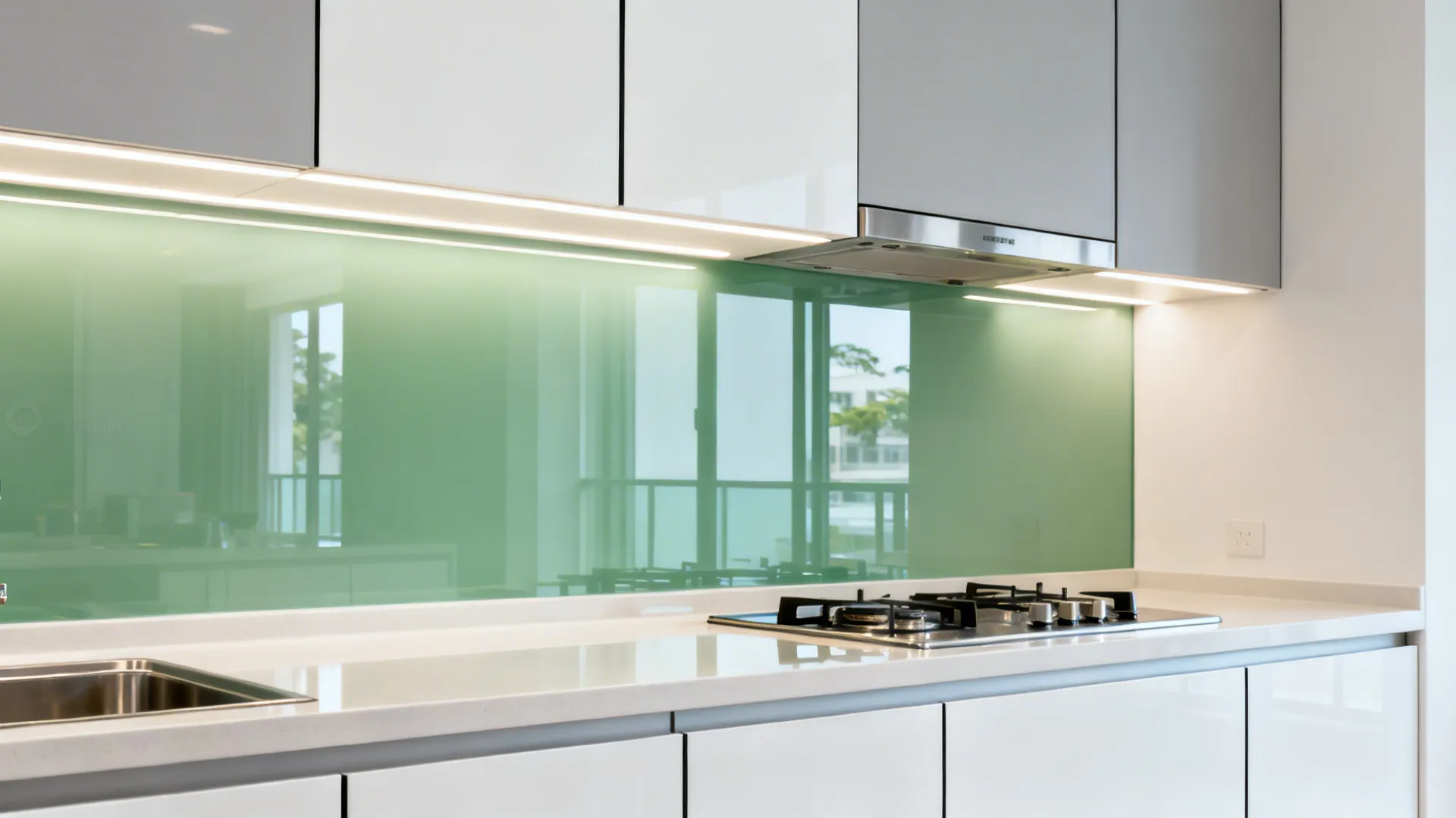 Raised upper cabinets with a low-iron glass backsplash reflecting warm LED lighting.