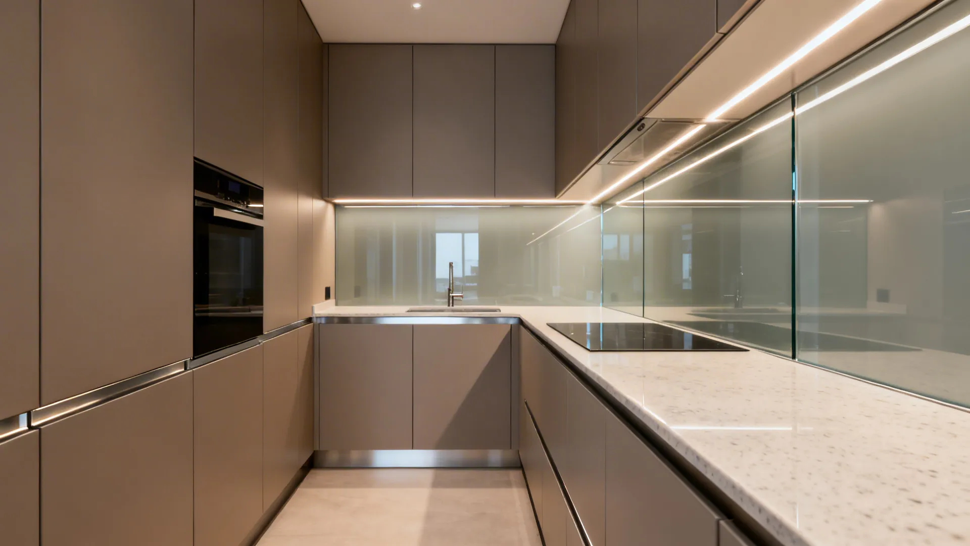 Small L-shaped kitchen with low-iron glass backsplash and slim aluminum trims reflecting warm light.