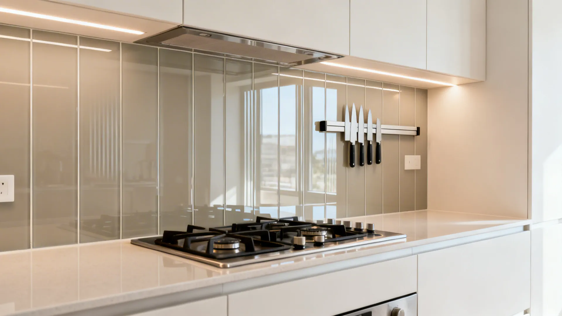 Compact cook zone with pale taupe back-painted glass backsplash reflecting warm under-cabinet lighting.