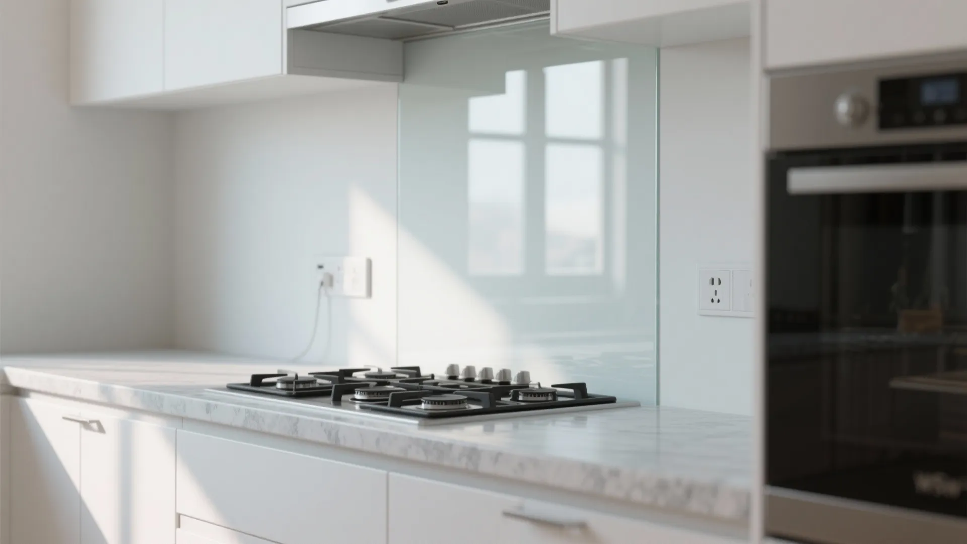 Close up of gas stove on marble countertop with a light blue glass wall panel