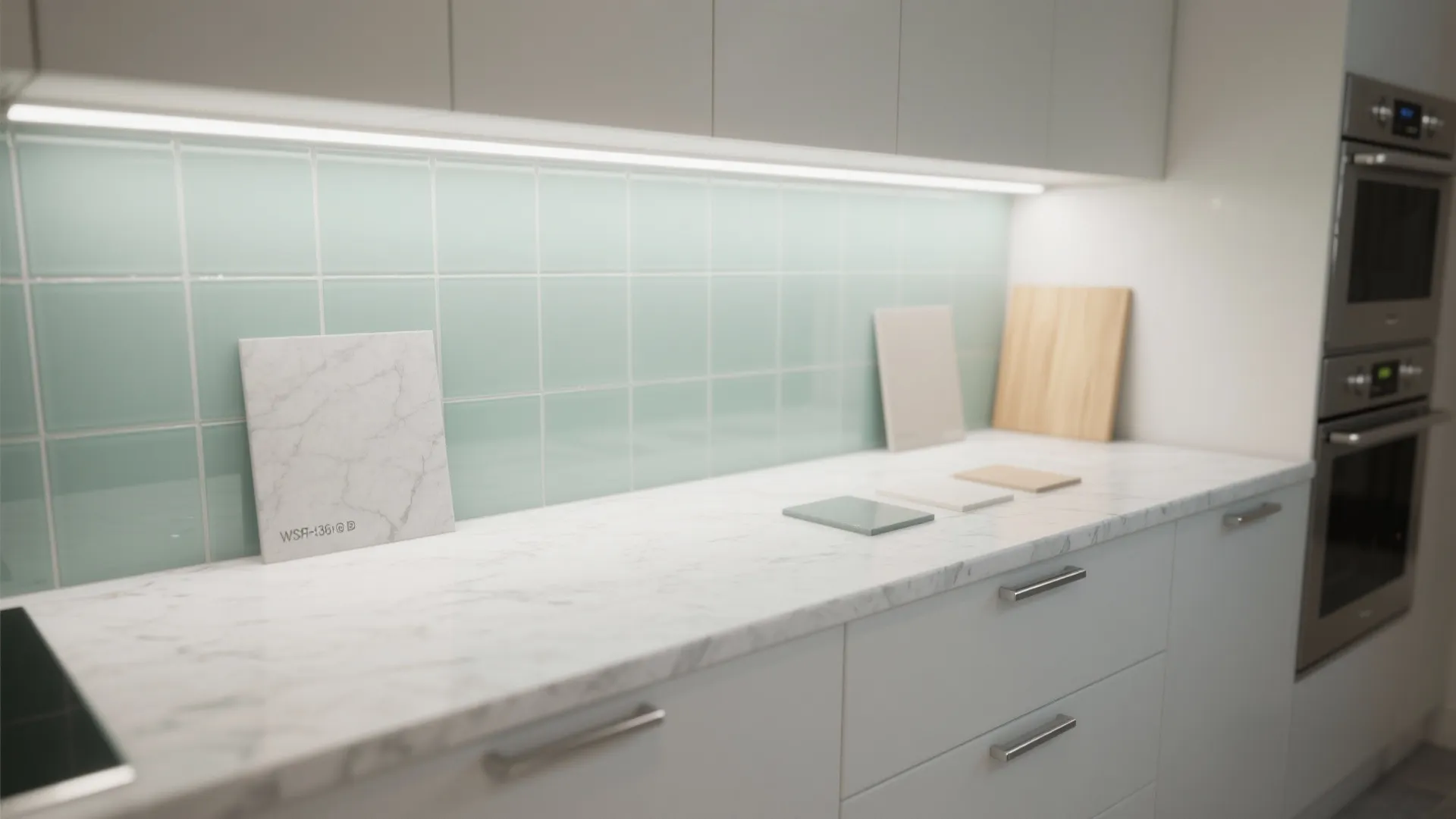 Glass backsplash and reflective finishes to brighten the galley