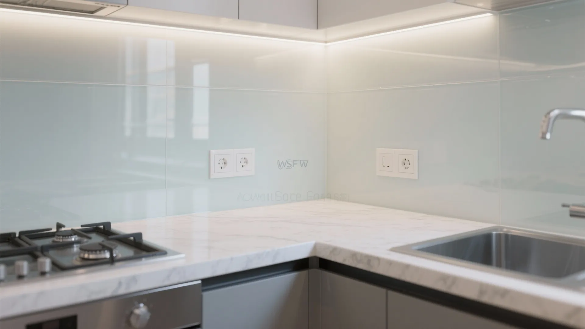 Kitchen interior design with marble countertop light green glass wall panels and under cabinet lighting