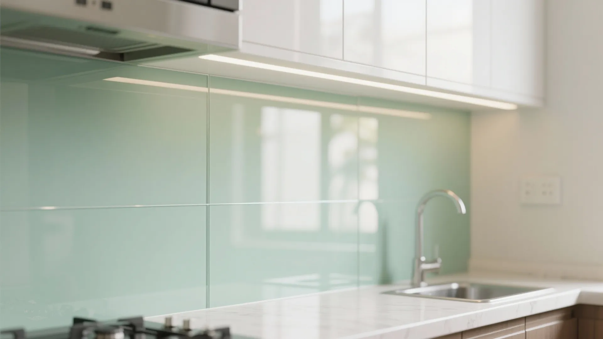 Close up of a light green glass wall behind a kitchen sink with white cabinets