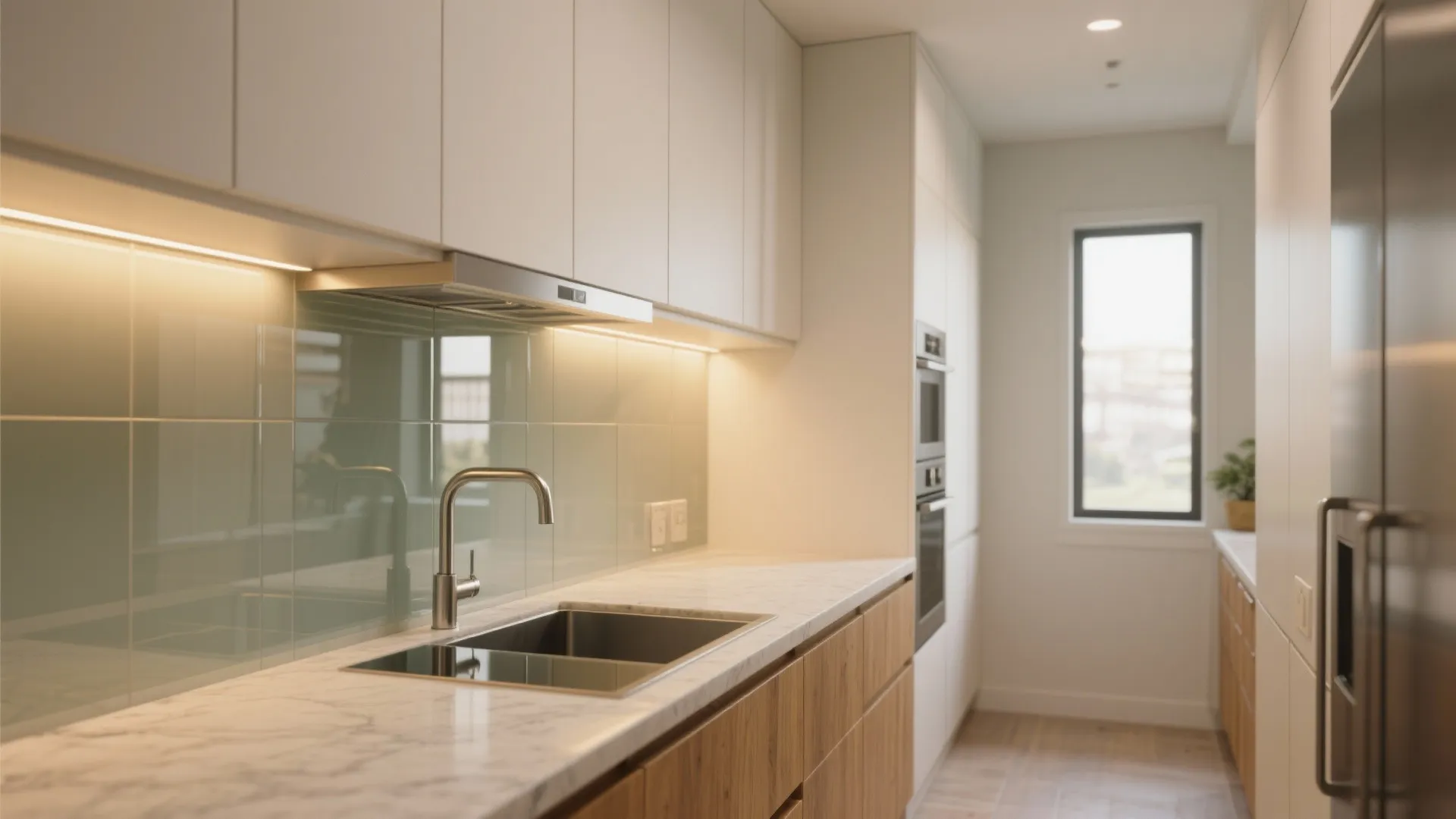 Glass backsplash and reflective touches for airy sightlines