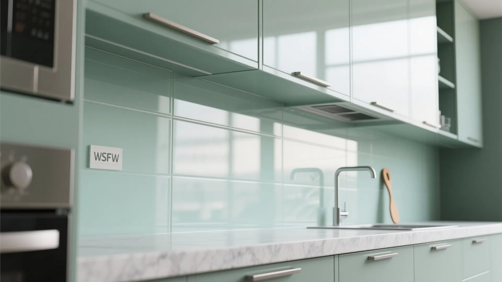 The transparent trick: glass backsplash and glossy accents for openness