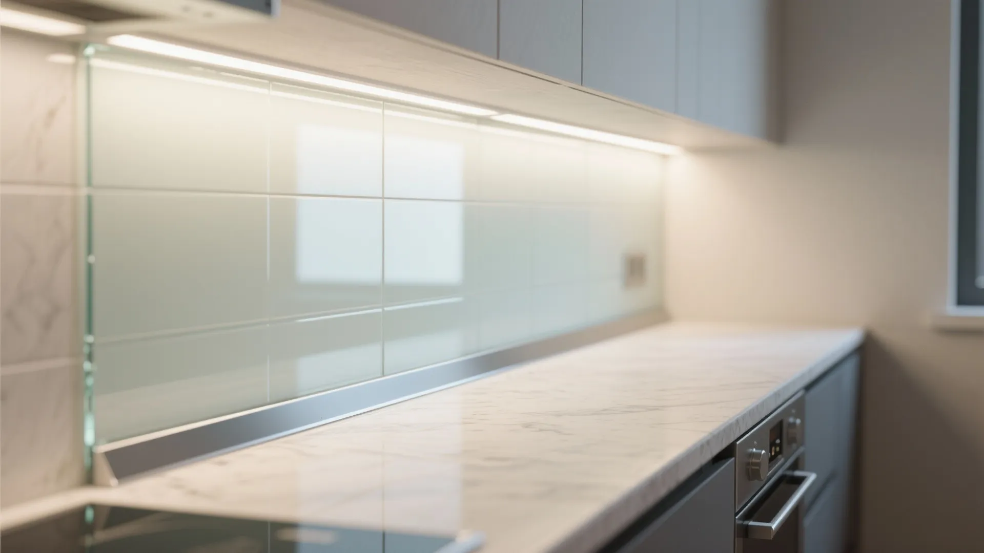Modern kitchen with marble countertop glass wall panel under cabinet light fixture and grey kitchen cabinets