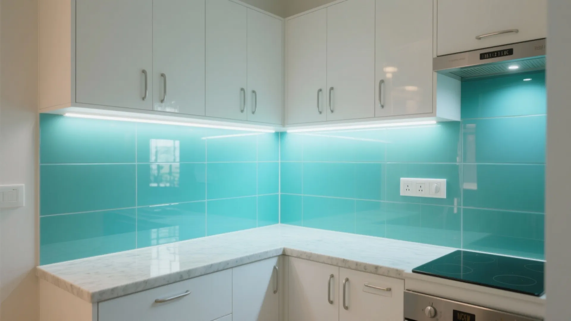 Glass backsplash and reflective finishes to brighten the space