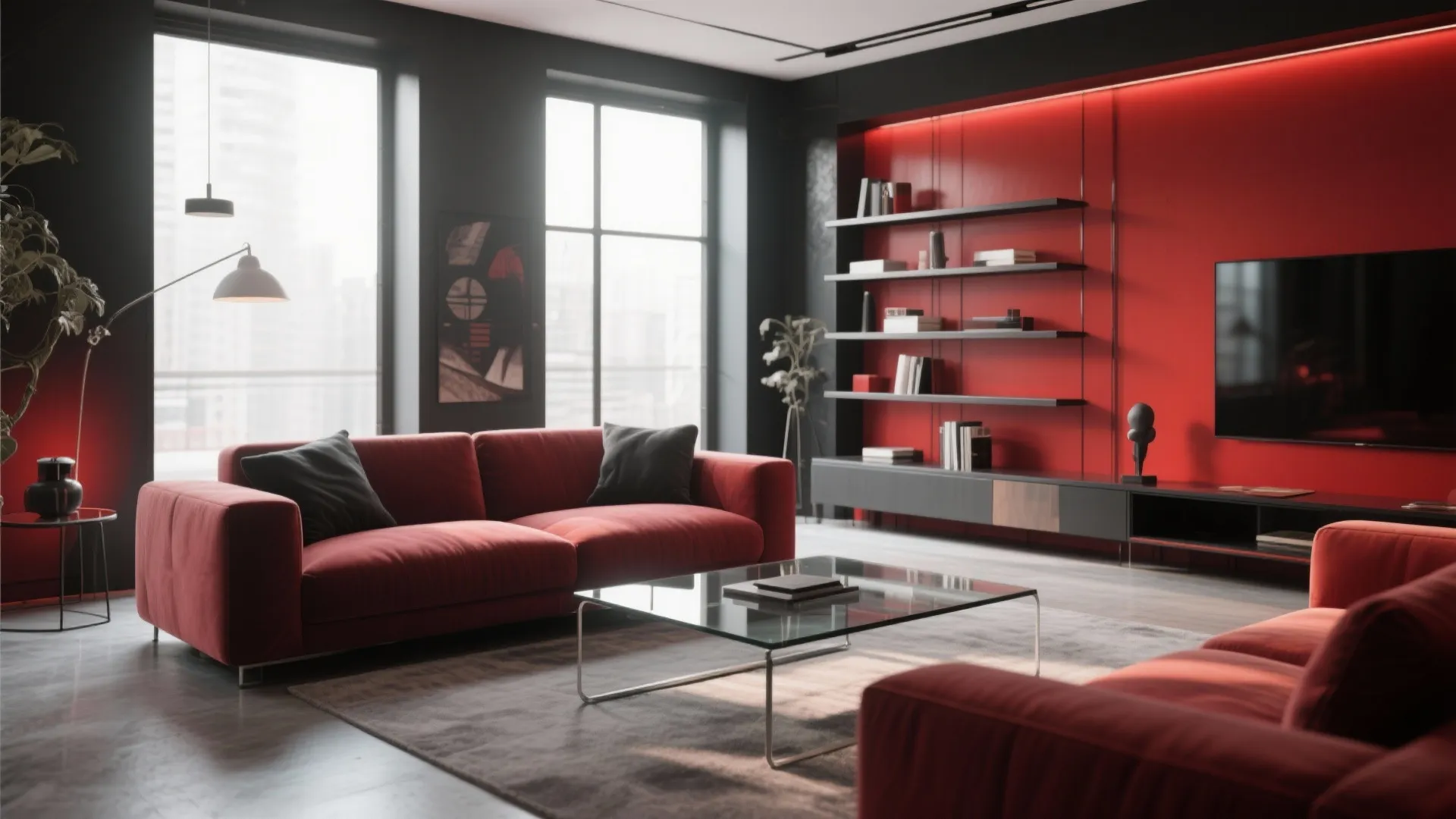 Contemporary living room featuring red sofa glass coffee table black wall and large bright windows