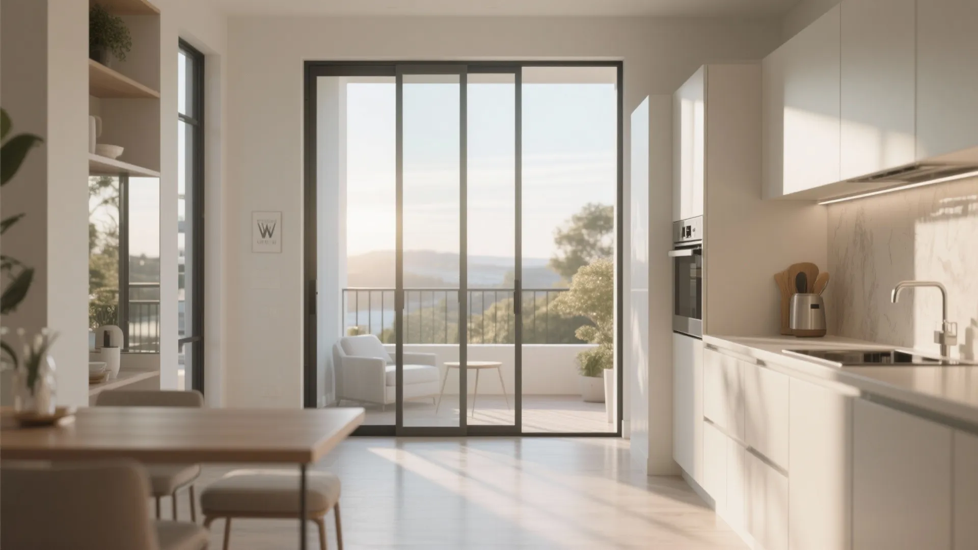 Modern white kitchen with glass sliding doors leading to a balcony with sunset mountain views